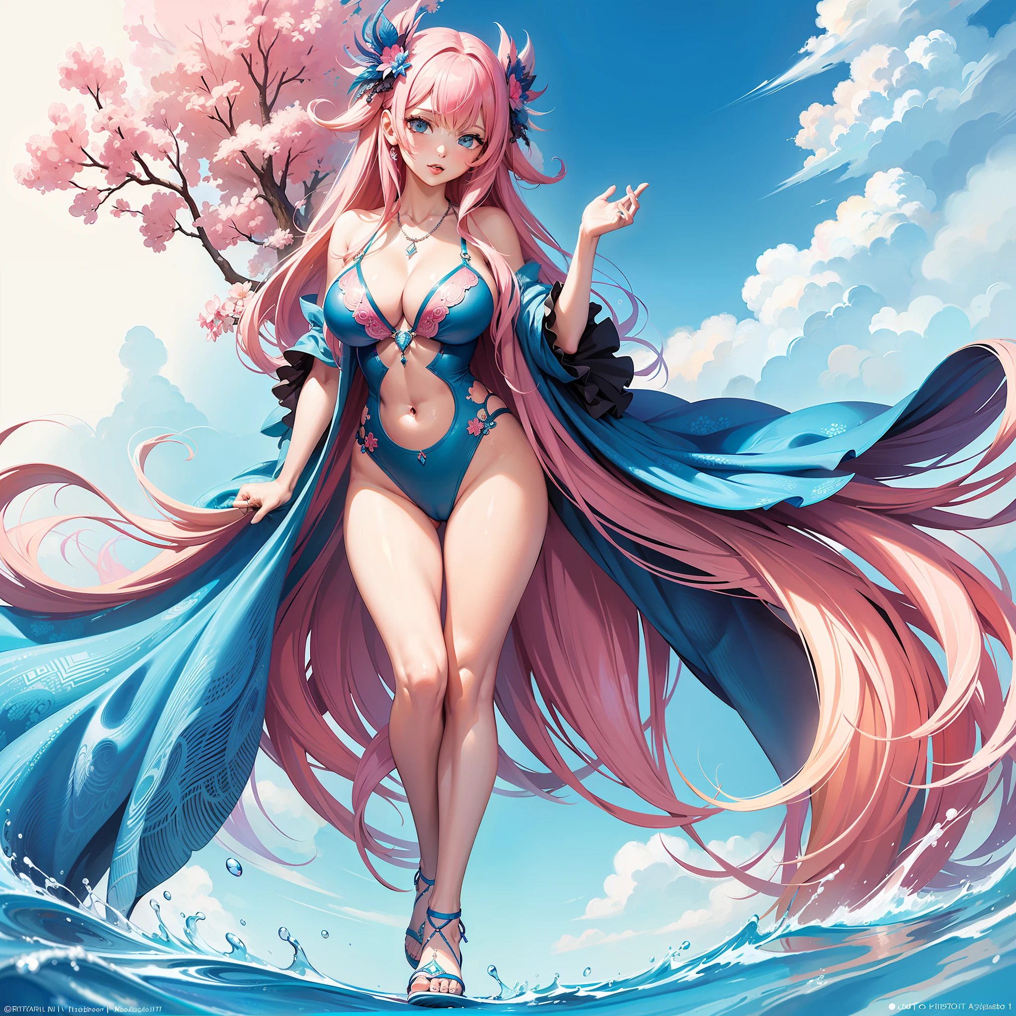 (masterpiece, top quality, best quality, official art, beautiful and aesthetic:1.2), 1girl, extreme detailed,colorful,highest detailed, (fractal art:1.2), (large breasts), pink hair, blue eyes, elysia-swimsuit, necklace, swimsuit, sandals,