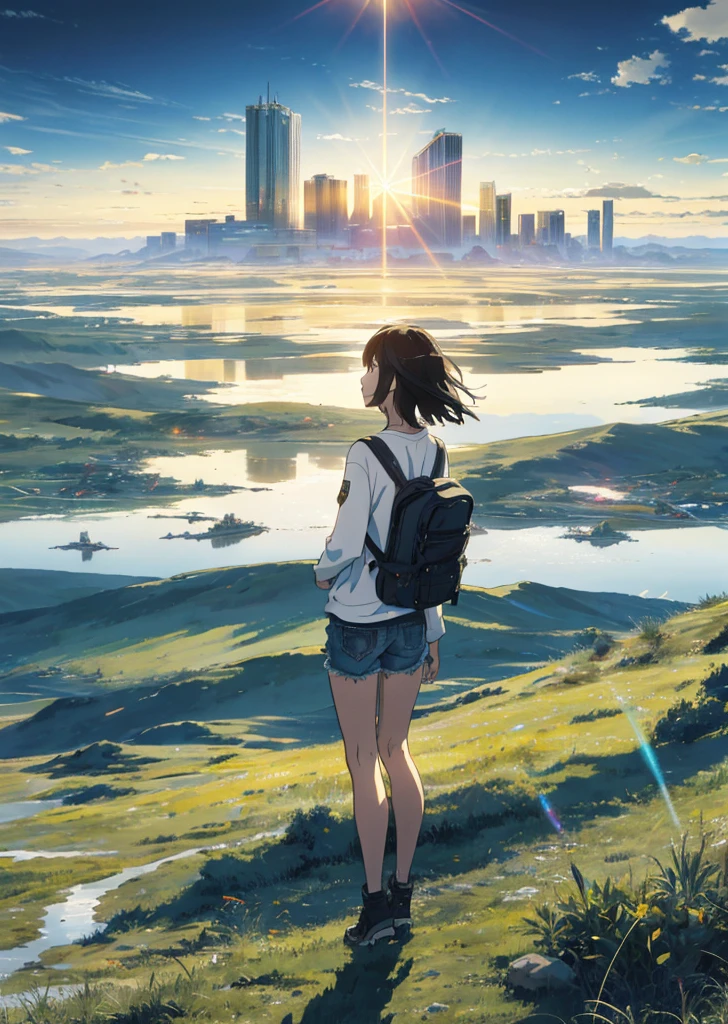 The vast sky, beautiful skyline, large grasslands, extremely tense and dramatic pictures, moving visual effects, the high-hanging Polaris, and colorful natural light. A girl with a long-sleeved top, denim shorts, and a backpack on her back. There are Russian buildings on the ground not far away.