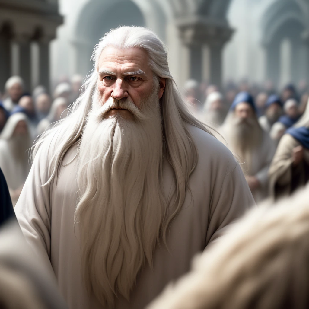 In the foreground huge standing crowd, in the background 1 man, wizard, white robe, old, white long beard, white long hair, wind, magic, dust (Highest quality:1.3), cinematic shot, masterpiece, (sharp focus:1.5), (photorealistic:1.3), detailed background, dark lighting, twilight lighting, analog style, volumetric lighting, intricate details, UHD, film grains,
