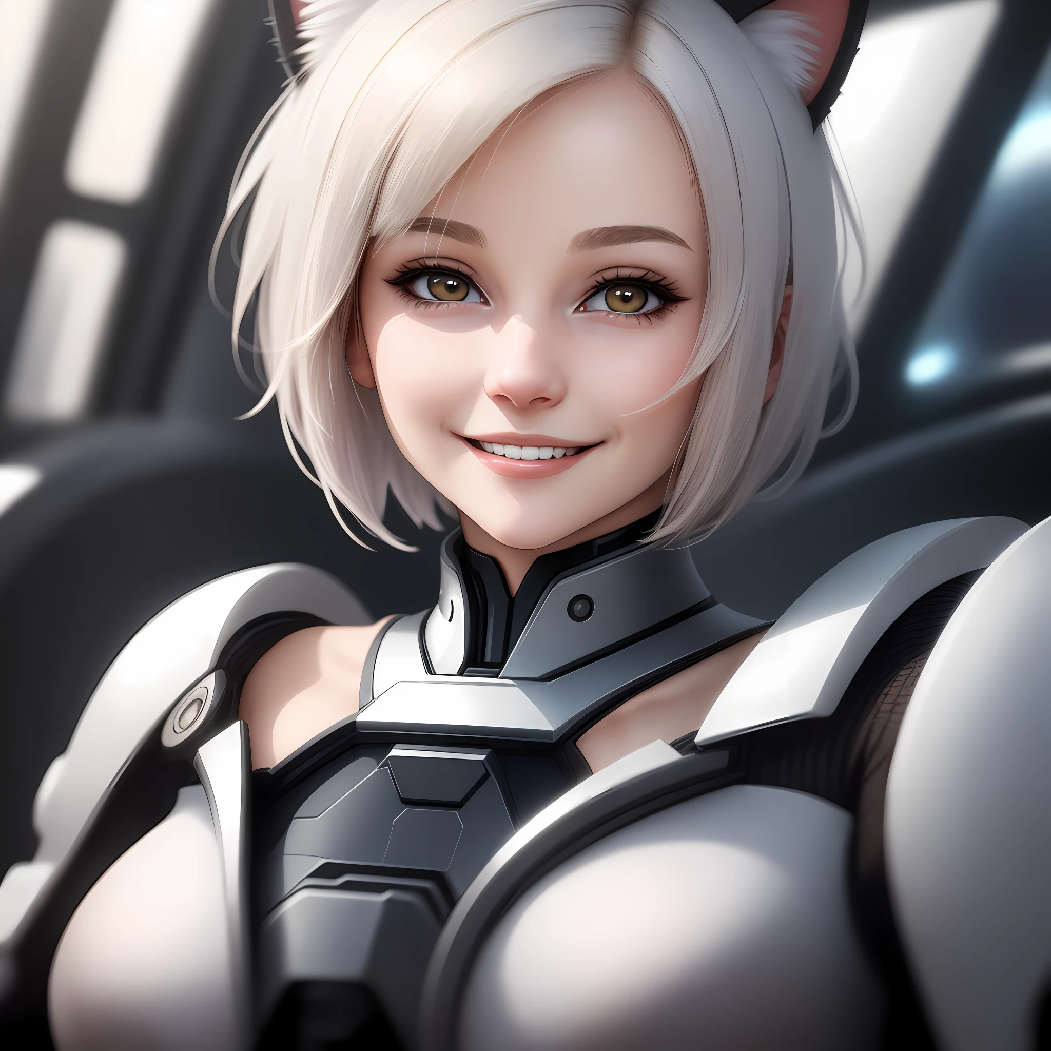 A woman, short hair, no pupils, cat ears, nervous smile, Futurism, close-up, 135mm, high quality, 8k