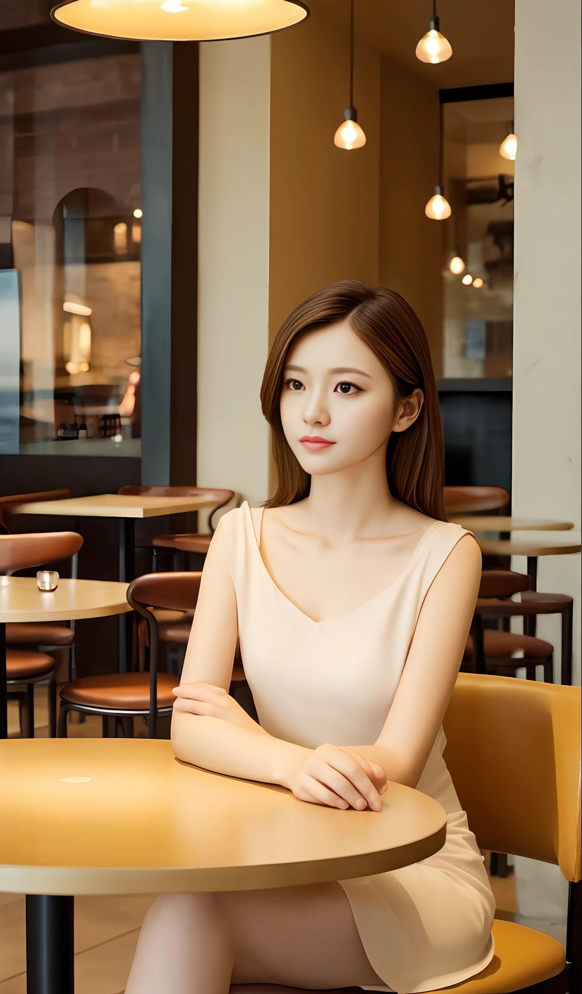 A beautiful model sitting in a café, featuring an elegant and dignified atmosphere, bright color tones, soft atmosphere, warm and cozy ambiance, telephoto lens, soft lighting, positive film, GAN technology, Unity engine, 4K ultra high definition. There is a delicate handbag placed on the table.