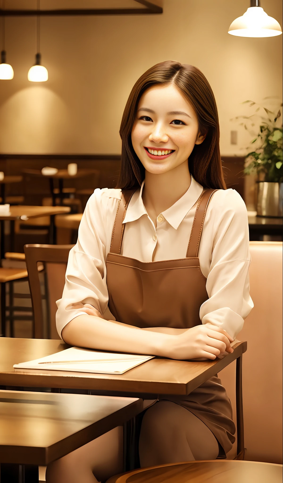 Beautiful model sitting in a coffee shop, smiling, elegant and dignified atmosphere, bright tones, soft atmosphere, warm and comfortable atmosphere, telephoto lens, soft light, positive film, GAN technology, Unity engine, 4K ultra-high definition. There is a delicate handbag on the table.