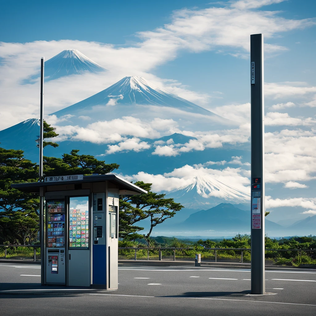 at any place isolated, bus stop, vending machine, japan, distant mountains, clouds, morning atmosphere