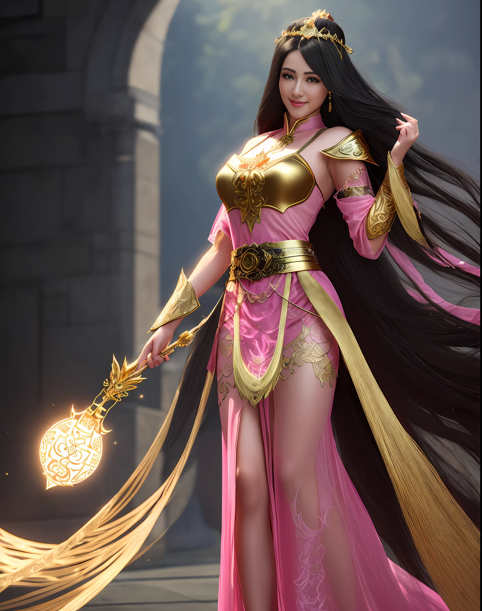 best quality, masterpiece, 4k, 8k, Beautiful face, tyndall effect, photorealistic, (high detailed skin:1.2), highres, full body detail, a woman in a sexy transparent pink lace nightgown with a gold belt, transparent lace mini skirt, cinematic goddess body shot, a beautiful fantasy empress, a beautiful sorceress, hyperdetailed fantasy character, 4 k detail fantasy, full body xianxia, extremely detailed goddess shot, beautiful sorceress, unreal engine render + a goddess, goddess. extremely high detail, lady in gold breasts armor,(gigantic breasts:1.2),((Coy Smile:1.2)), ((black long hair:1.2))