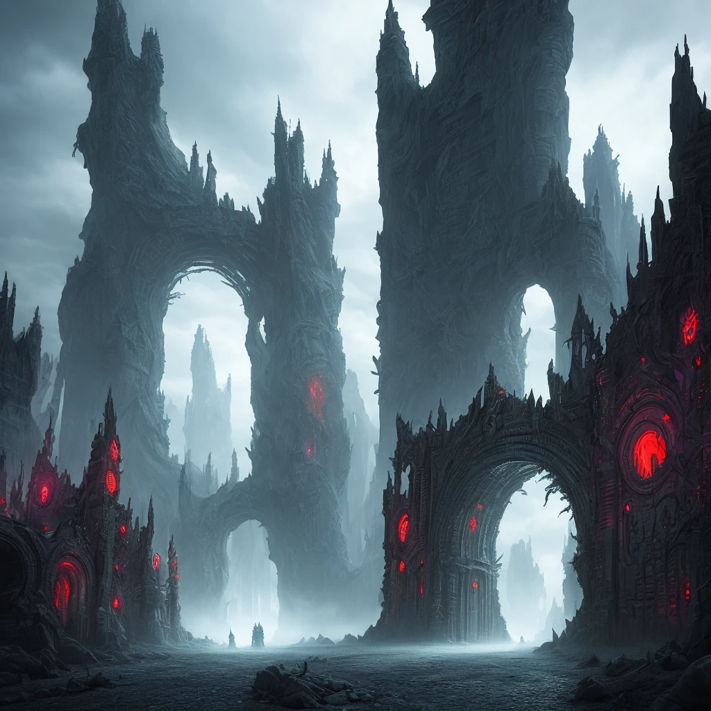 Inner madness, evil creatures rising from abyssal gateway. Creepy scenario in a futurist valley. Spiked monuments, rotten ends. Horror art, volumetric lighting maximalist. Hyperdetailed, color drawing . Realism