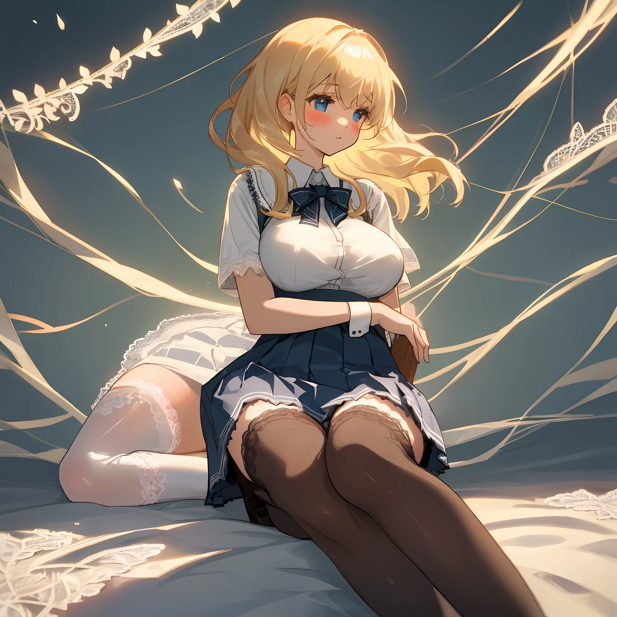 (wearing knee socks with delicate lace detailing), 1girls, shiny skin, big breasts, blond hair, school girl uniform,