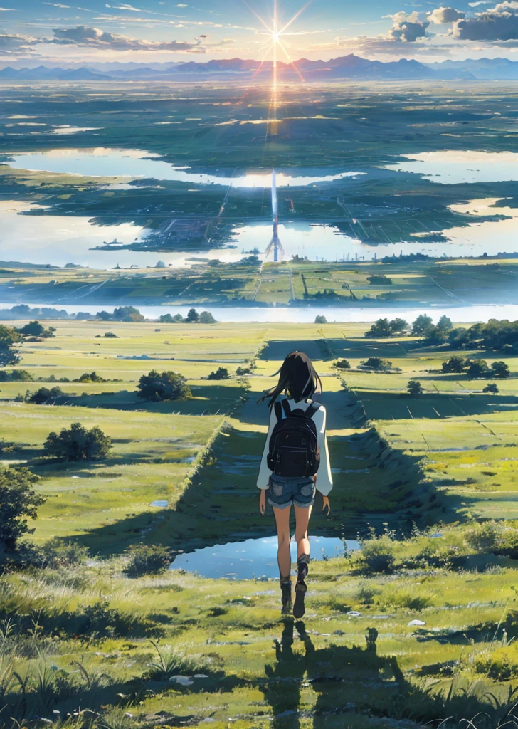 The vast sky, beautiful skyline, large grasslands, extremely tense and dramatic pictures, moving visual effects, the high-hanging Polaris, and colorful natural light. A long-sleeved top, denim shorts, and a girl with a backpack. Not far away there is a Russian town on the ground.