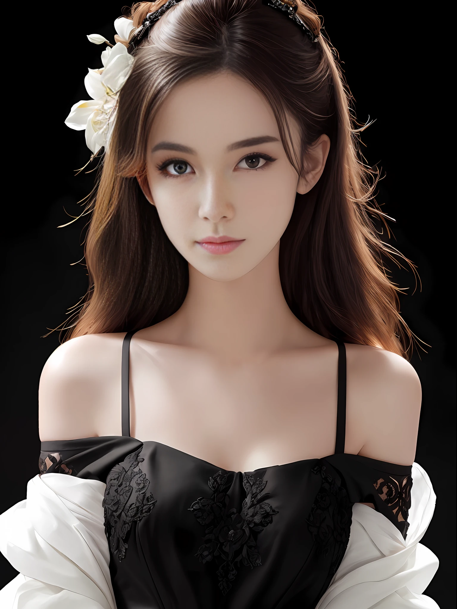 (masterpiece:1.2), (best quality), (ultra detailed), (8k,intricate), (lens 135mm,f1.8),(photorealistic)(black background:1.3),
portrait photography,(upper body:1.3),(off-shoulder),
side lighting,Rim lighting,best shadow,face light source,
perfect anatomy,	perfect face,perfect female body,first-rate female bodies,
Detailed skin texture, detailed cloth texture, detailed beautiful face,exquisitely detailed skin,highly detailed skin,pale skin,detailed hair,glistening skin,