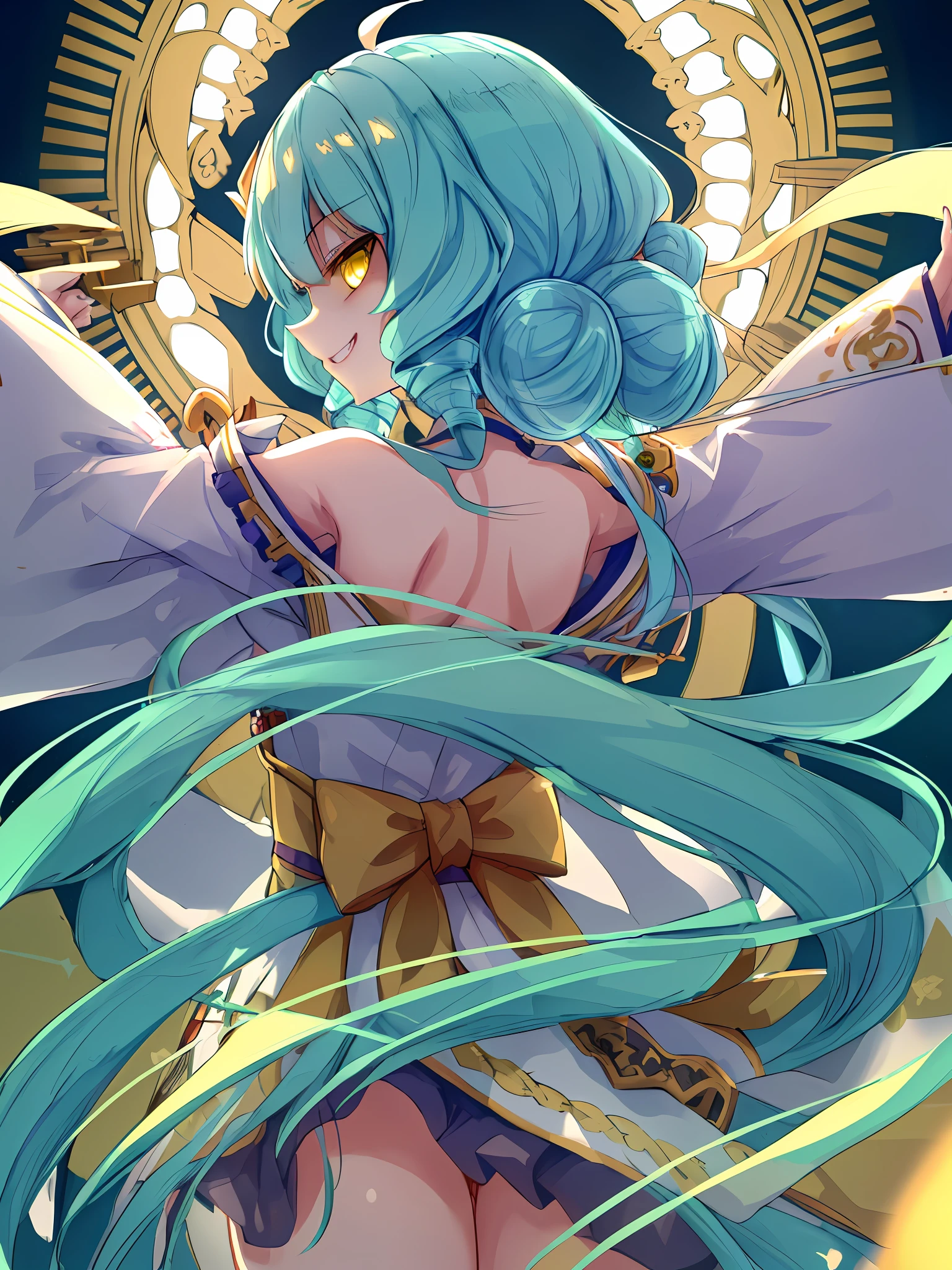ultra detailed, beautiful face, perfect anatomy, 1girl, solo, kiyohime, small breasts, cyan long hair, yellow eyes, (((shaded face))), yandere, blue kimono, asymmetrical hair, ((wavy hair)), grin, evil smile, crazy, evil, perspective, (((from behind))), dutch angle, cinematic lighting, high detail, masterpiece, best quality, UHD, anatomically correct, super detail, high quality, high details, award winning, best quality, highres, 8k