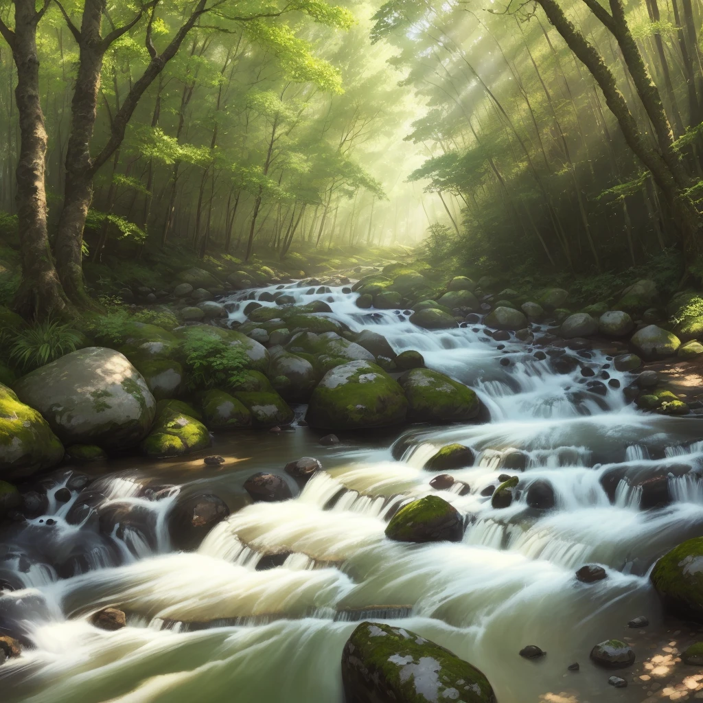 forest river sunny day, photorealistic
