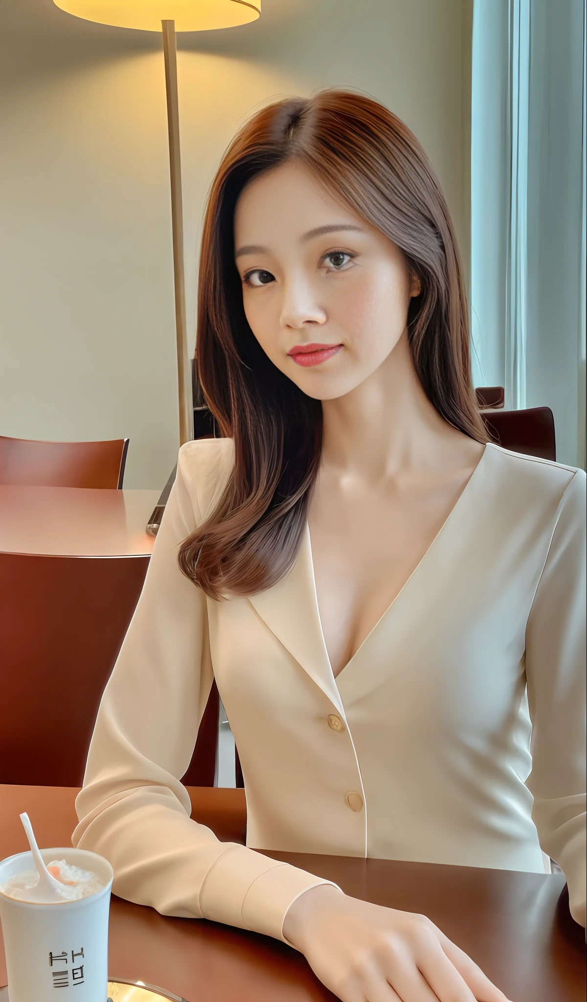 Korean beauty model in Seoul, South Korea, elegant and dignified atmosphere, bright colors, soft atmosphere, warm and comfortable atmosphere, telephoto lens, soft light, positive film, GAN technology, Unity engine, 4K ultra-high definition. There is a delicate handbag on the table.