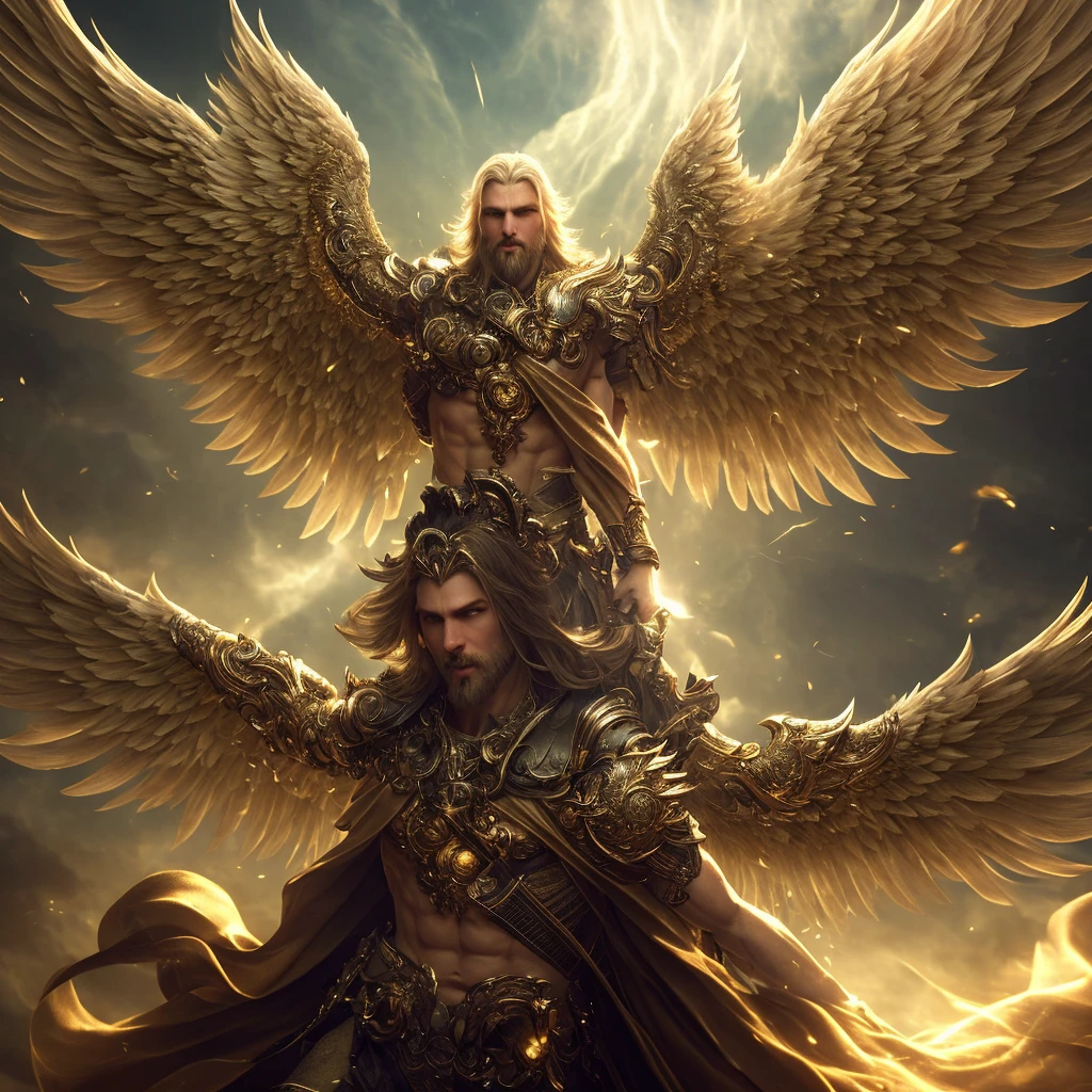 five male angel,five female angel with beams of light enveloping his body, his feathered wings are spread, one golden (halo:1.2) over his head, muscular, beard, male, dark, horror, masterpiece, best quality, details intricate, absurd, DREAD, chromatic aberration, depth of field, soft lighting, tone mapped, highly detailed, concept art, soft, sharp focus, dramatic lighting, highly detailed artwork, cinematic, 8K, amazing shadows (highly detailed background: 1.0)
