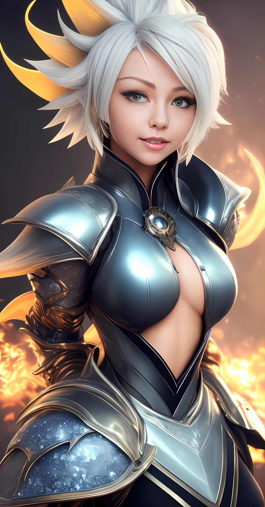 Full body Glowing platinum hair Perfect figure ((Dragoon:1.2)) Bluntbang Masterpiece Top quality High definition Official art Highly detailed CG Unity 8k wallpaper 1 girl Super high resolution , (photorealistic: 1.4), golden hour lighting, pinpoint light, sweater dress, (upper body), (platinum short hair: 0.8), ((puffy eyes)), looking at camera, front facing, smiling, laughing , medium breasts, shirt lift, short hair,