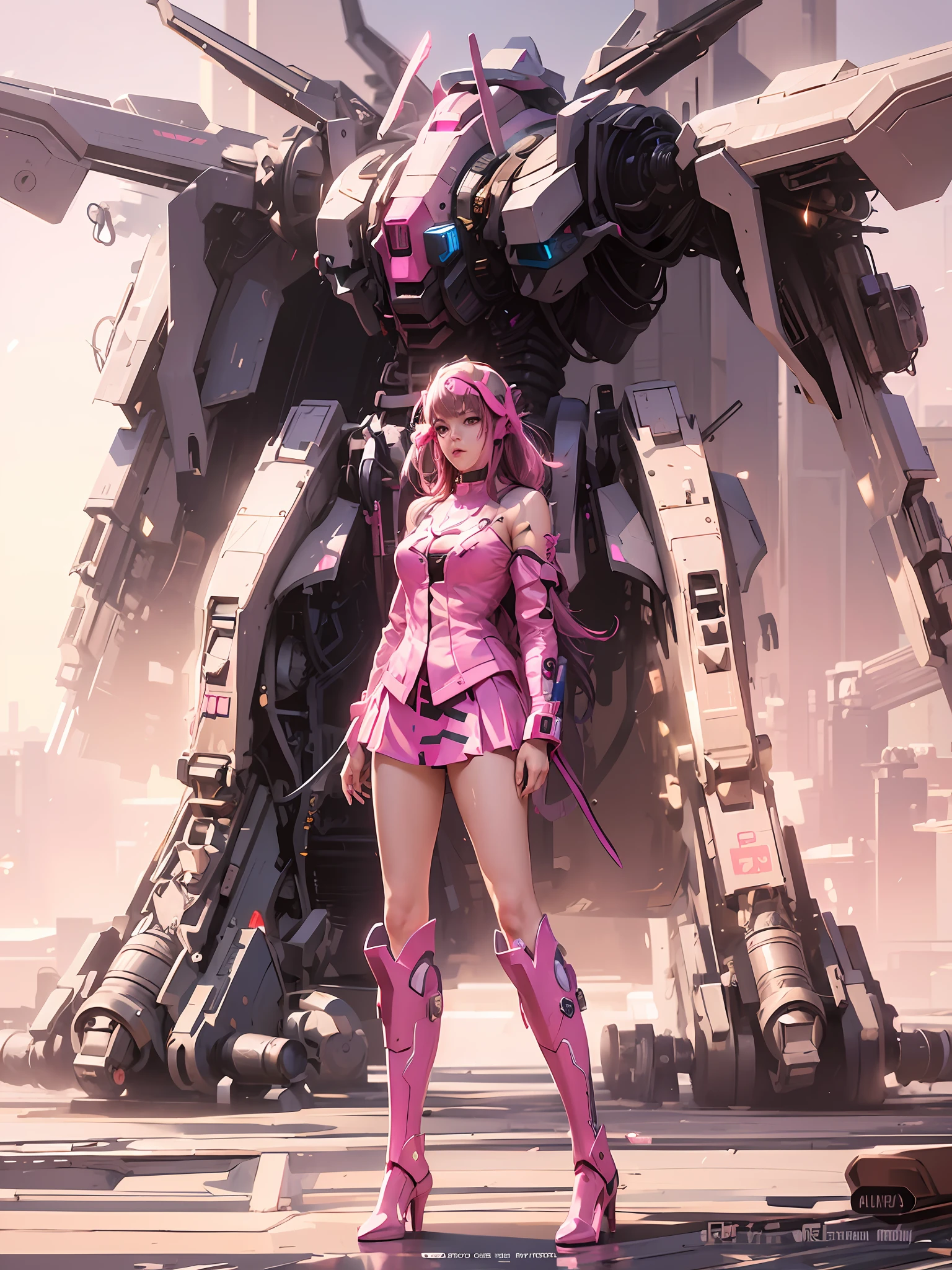 a woman in a pink dress standing in front of a giant robot, trending on cgstation, girl in mecha cyber armor, cyberpunk anime girl mech, anime mecha aesthetic, d. va from overwatch, style of macross, anime manga robot!! anime girl, makoto shinkai and artgerm, trending at cgstation, mobile suit, female action anime girl