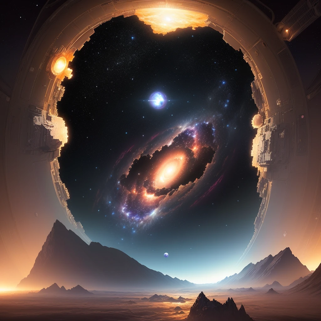 best quality, masterpiece,highly detailed,(photorealistic:1.4),science fiction,(in space),deep space,black hole,broken planet,nebula,perspective view,distant view,