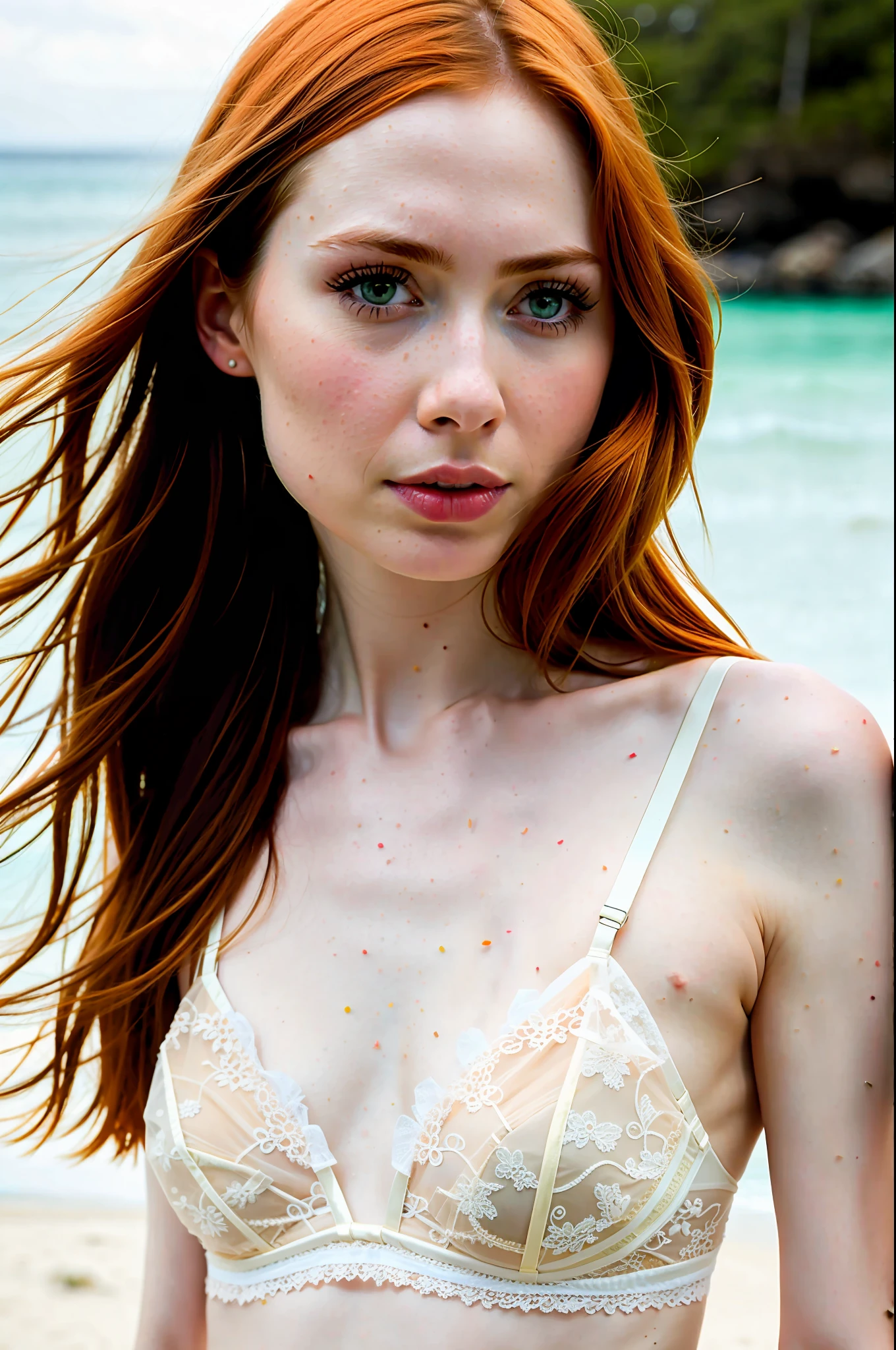 RAW photo, a close up portrait photo of Karen Gillan in LINGERIE, long hair, pale skin, background is a beach, (high detailed skin:1.2), 8k uhd, dslr, soft lighting, high quality, film grain, Fujifilm XT3, full body