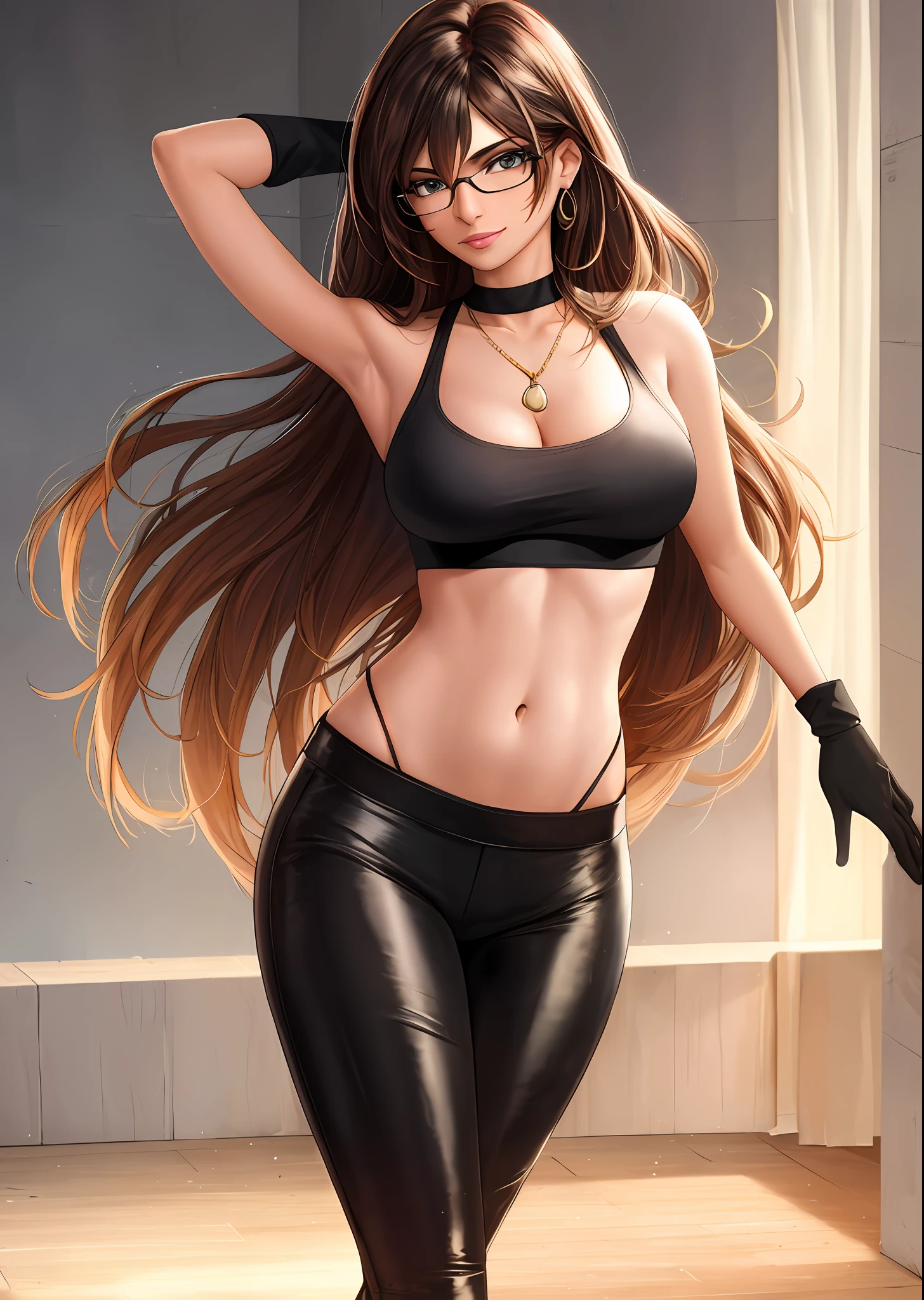 Mia Khalifa, high quality, (photorealistic:1.1), realistic, 8k, highres, fine light, studio lighting, standing, portrait of a girl, dance pose, black legging, tight pants, bare shoulders, crop top, black gloves,  beautiful face, beautiful eyes,