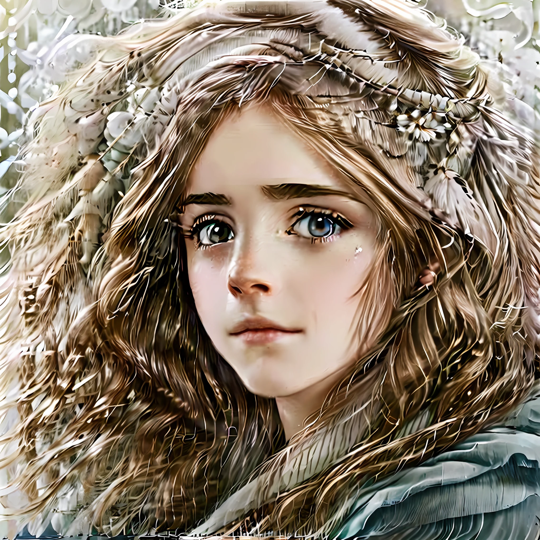 A dreamy portrait of a woman with long, flowing hair and a wistful expression, surrounded by a halo of pastel flowers. The art style is reminiscent of the ethereal, romantic works of John William Waterhouse, with the woman's features rendered in soft, delicate brushstrokes.