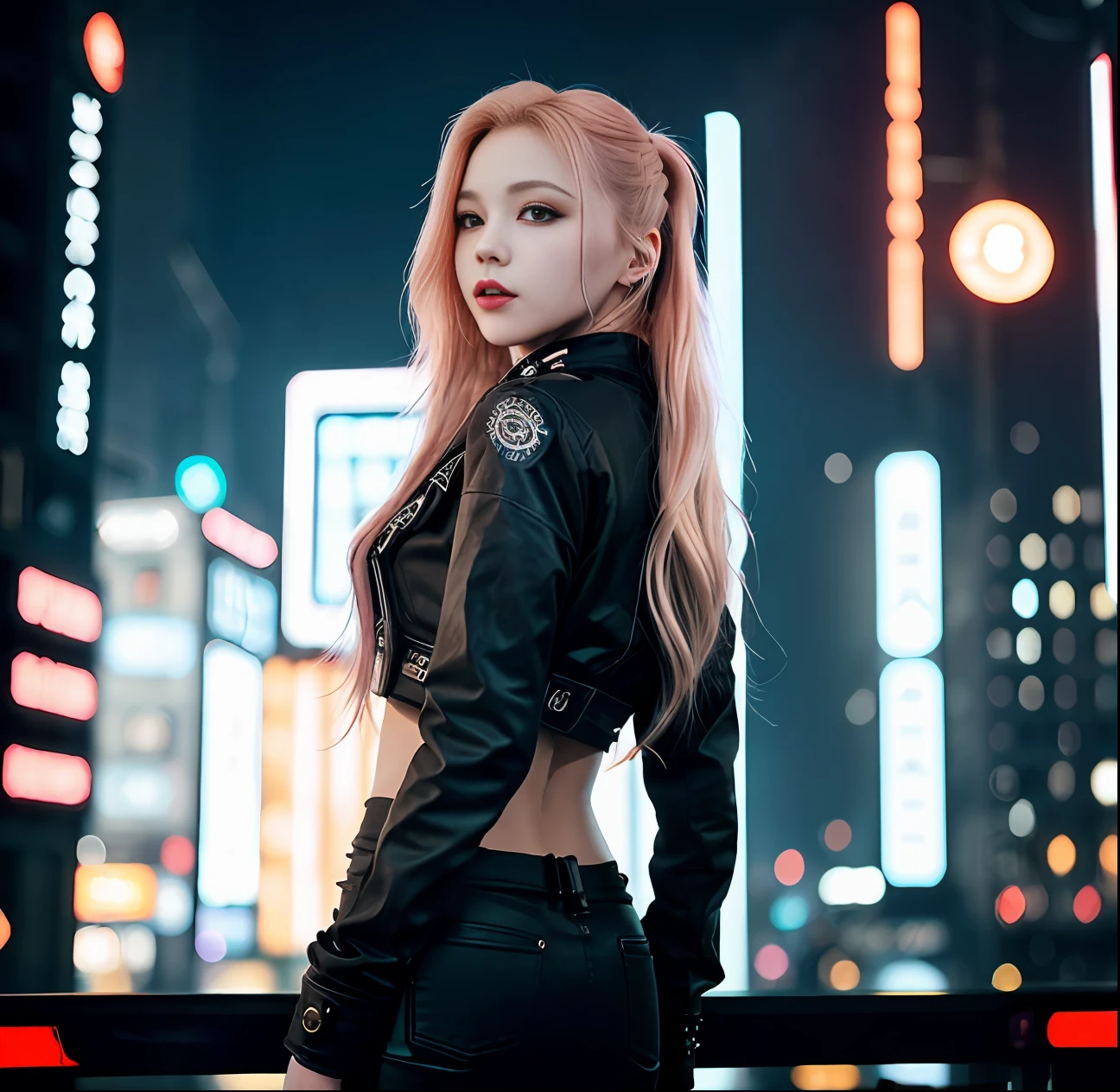 Cherry, beautiful slender young woman with long lightblonde Hair,nice perfect face,in tattered black cloth, show her backside,futuristic and cyberpunk City background, UHD, dark fantasy