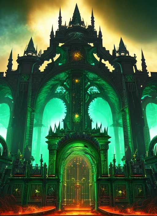 biomechanical gateway for horror dimension, intrincated detailed, evil creatures, rotten ends. Green flames, futurist valley scenario. Spiked monuments. Horror art, volumetric lighting maximalist. Hyperdetailed, color drawing.