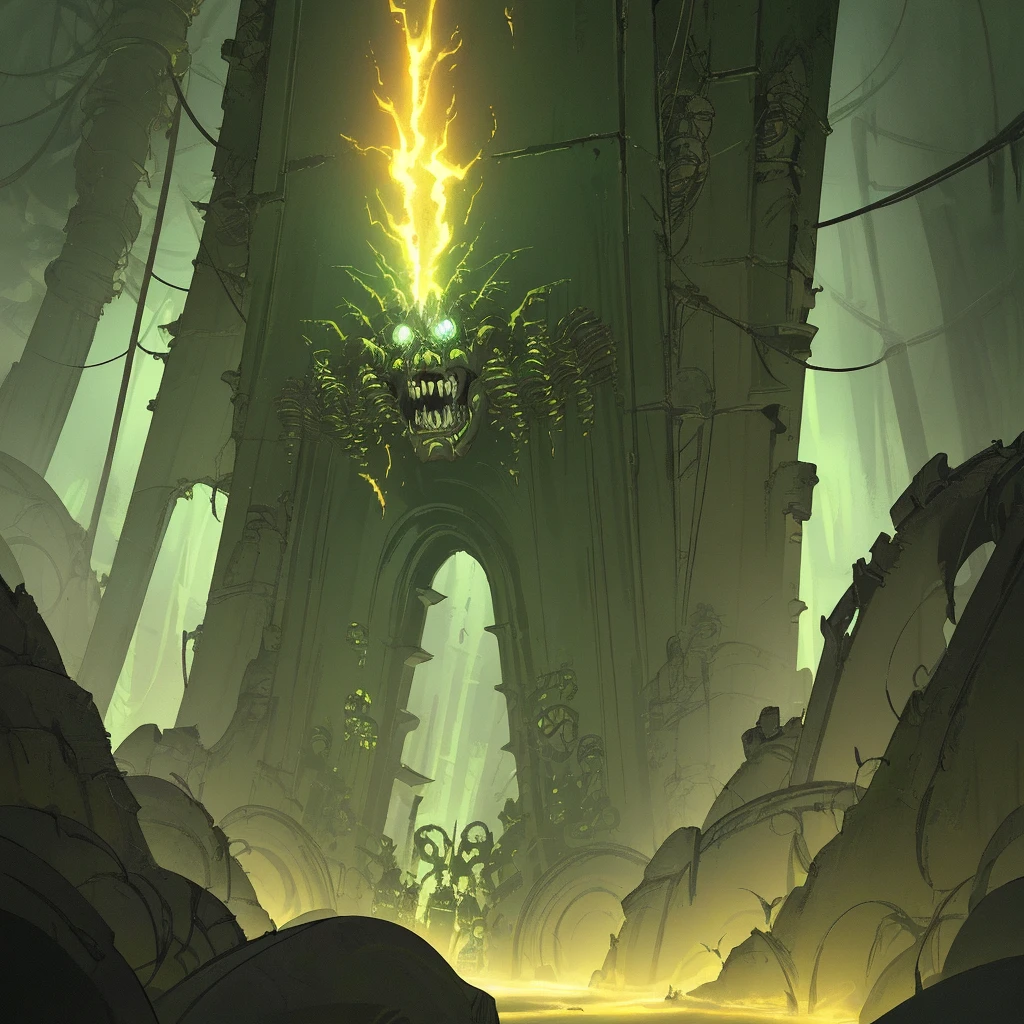 biomechanical gateway for horror dimension, intrincated detailed, evil creatures, rotten ends. Green flames, futurist valley scenario. Spiked monuments. Horror art, volumetric lighting maximalist. Hyperdetailed, color drawing.