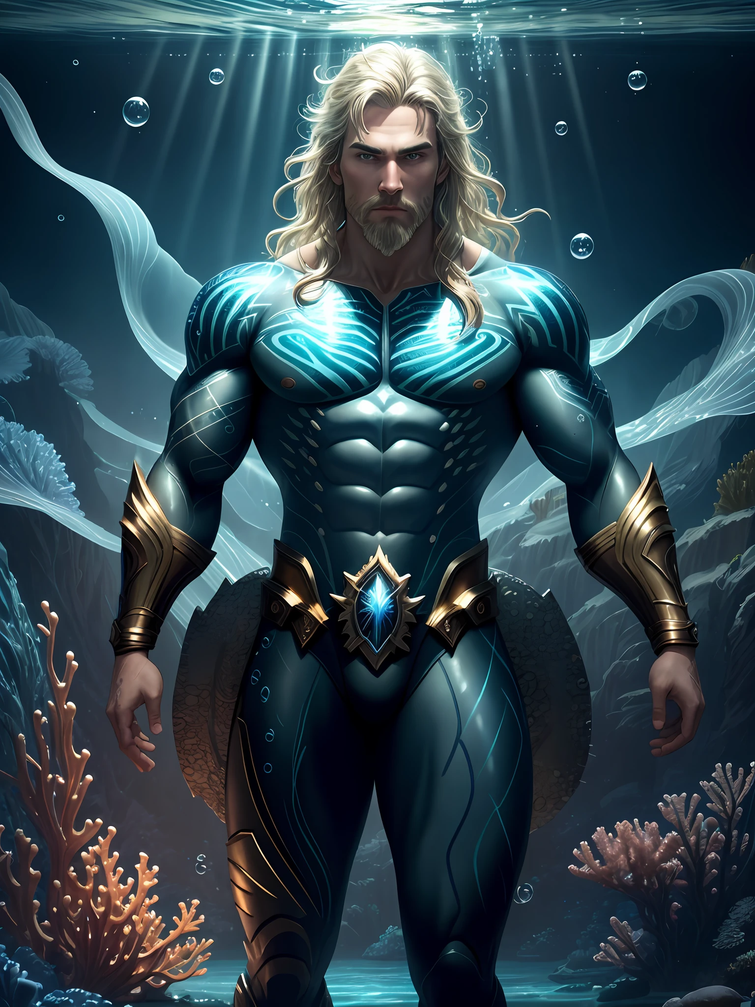 ["best quality".emphasis(),
  "ultra-detailed".emphasis(),
  "extremely detailed CG unity 8k wallpaper".emphasis(),
  "[aquaman, male, muscular, tattoo, trident, underwater kingdom, atlantis, ocean, suit, orange, green, gold]".json(),
  "water drops, bubbles, coral reef, bioluminescent, seaweed, light rays, dynamic angle, wide shot".emphasis()]