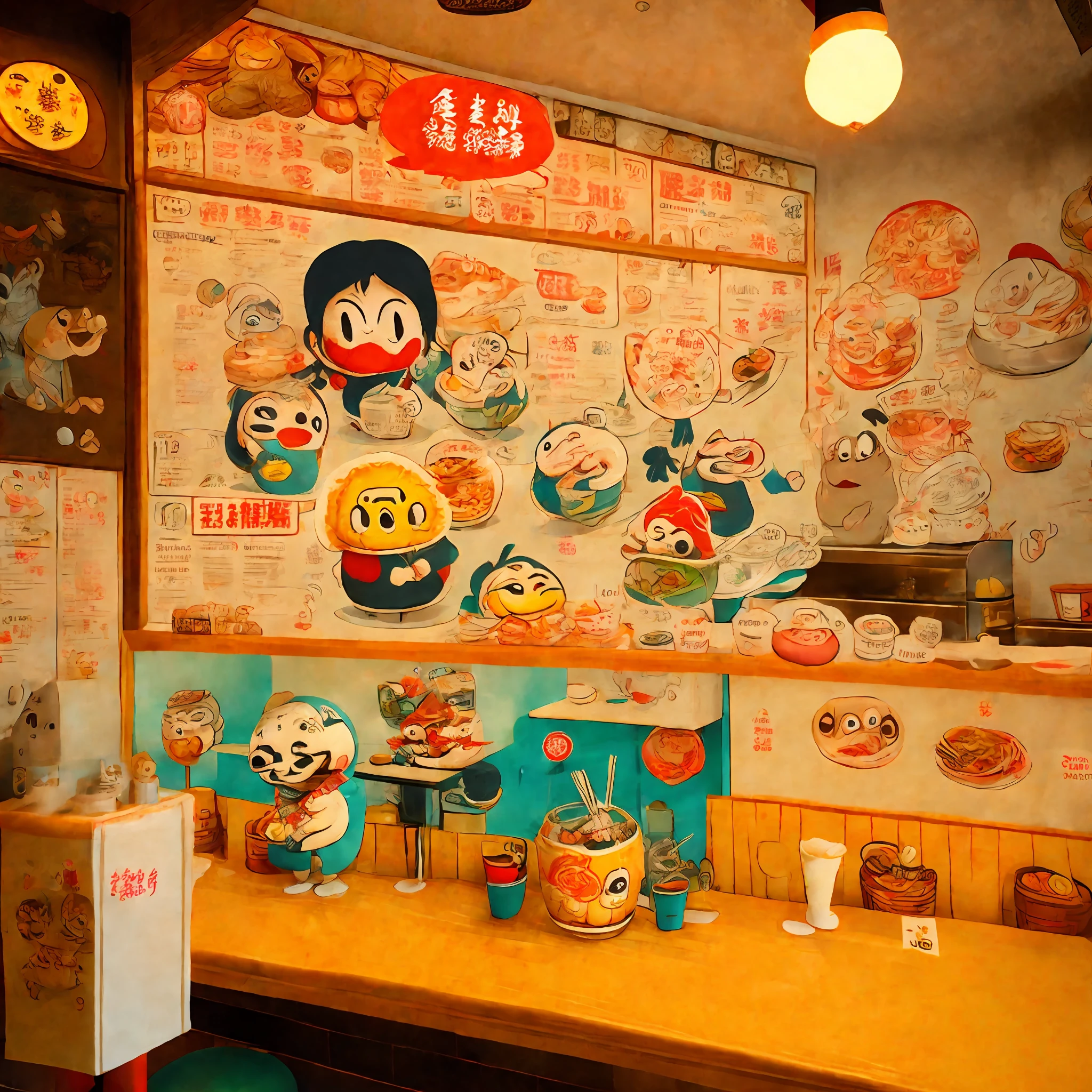 Inside a small ramen shop decorated with cartoon characters and have a clearly displayed menu