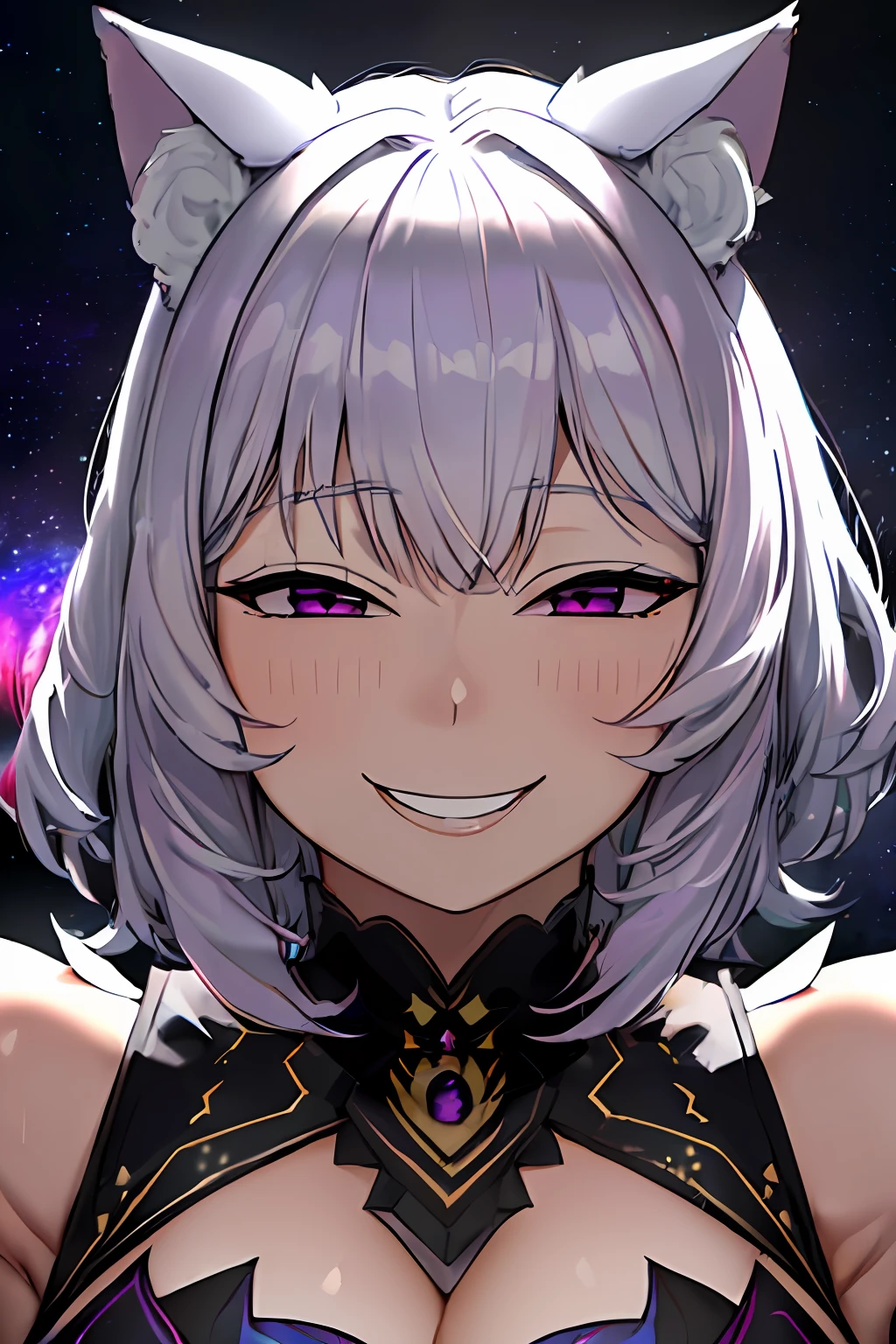 ((AnyaHehFace)), 9huge grin, wicked smug, half closed eyes), 1woman, looking at viewer, ((Multiverse Goddess of Monsters)), female, (Evil Goddess), evil face, (cat ears), ( purple eyes), (short hair, beautiful lush hair, silver hair, white hair), Goddess Long Dress, Thin, medium breasts, thin waist, Dark Fantasy, destruction, (((psychedelic art, ultra detailed, ultra realistic face, cinematic, best quality, hard lighting, +++++) )), Chaos 750, galaxy, stars, planets in background, psychedelic colors, ((color explosion))