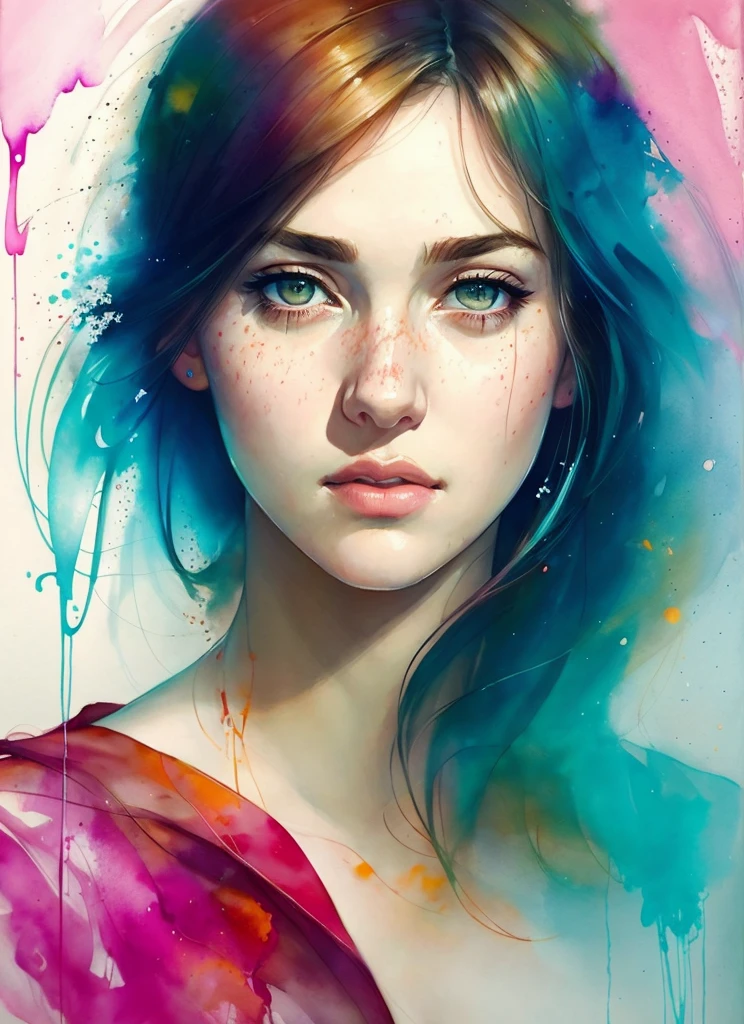 Kate Winslet face, a woman by agnes cecile, luminous design, pastel colours, ink drips, autumn lights