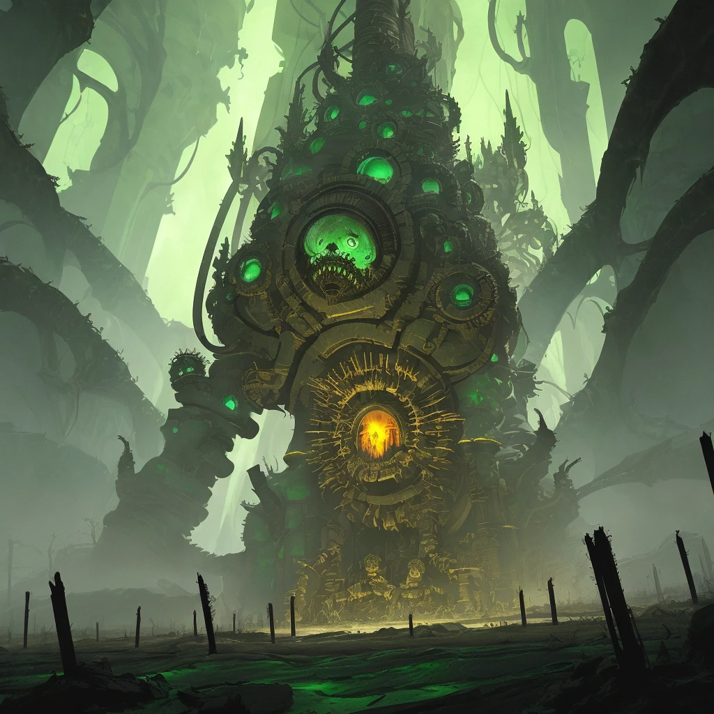 biomechanical gateway for horror dimension, intrincated detailed, evil creatures, rotten ends. Green flames, futurist valley scenario. Spiked monuments. Horror art, volumetric lighting maximalist. Hyperdetailed, color drawing.