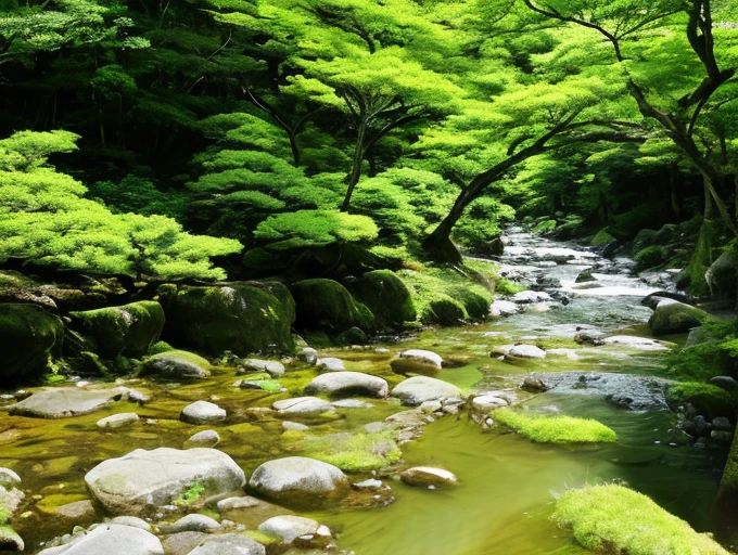 Japanese summer vibes, almost empty streams, trees, mounds, insects, beautiful sunshine,