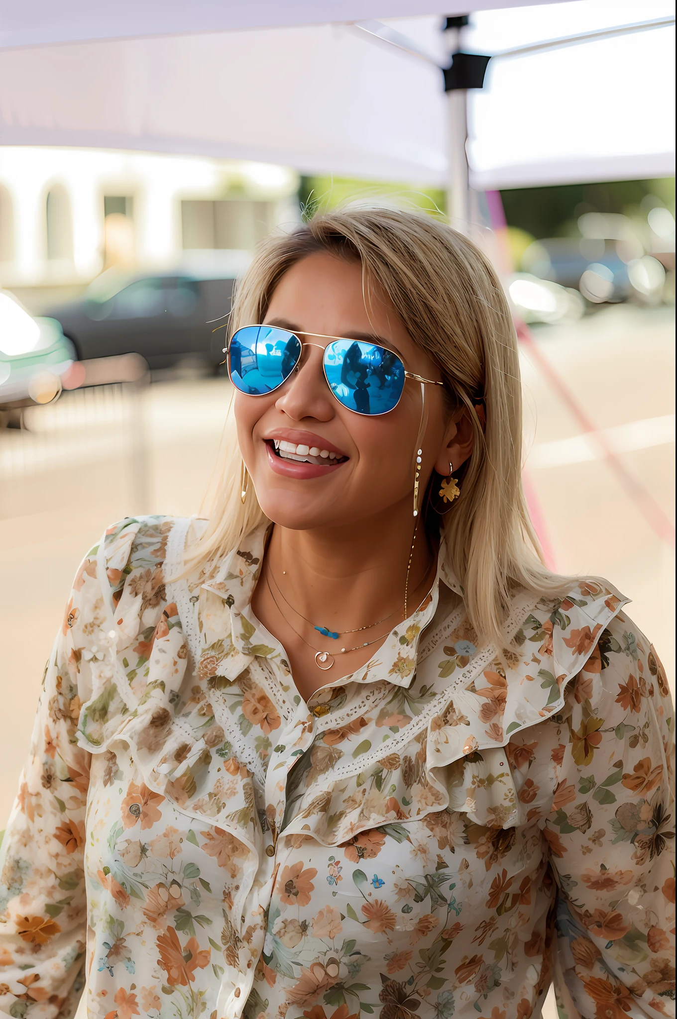 blond woman with blue sunglasses and a floral shirt smiling, by Nándor Katona, wearing mirrored sunglasses, caroline gariba, wearing blue sunglasses, malika favre, inspired by Maria Helena Vieira da Silva, wearing cool sunglasses, woman with rose tinted glasses, by Samuel Silva, with mirrorshades sunglasses, cute woman, earing a shirt laughing