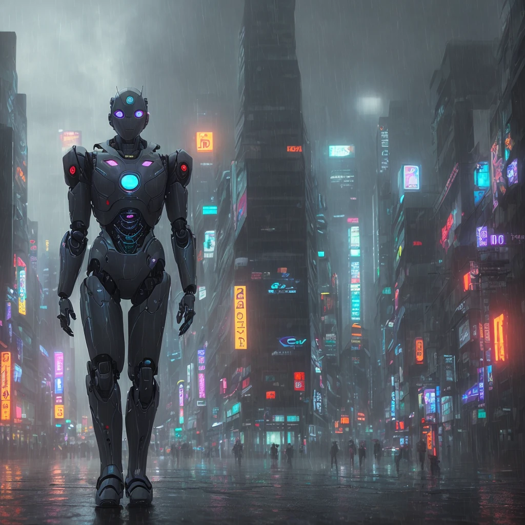 a robot from the Pathlabor anime of the future in the rainy cyberpunk city (((cinematic lighting))), soft cinematic light, adobe lightroom, photo lab, hdr, immense detail, extreme detail, photorealism, professional photography