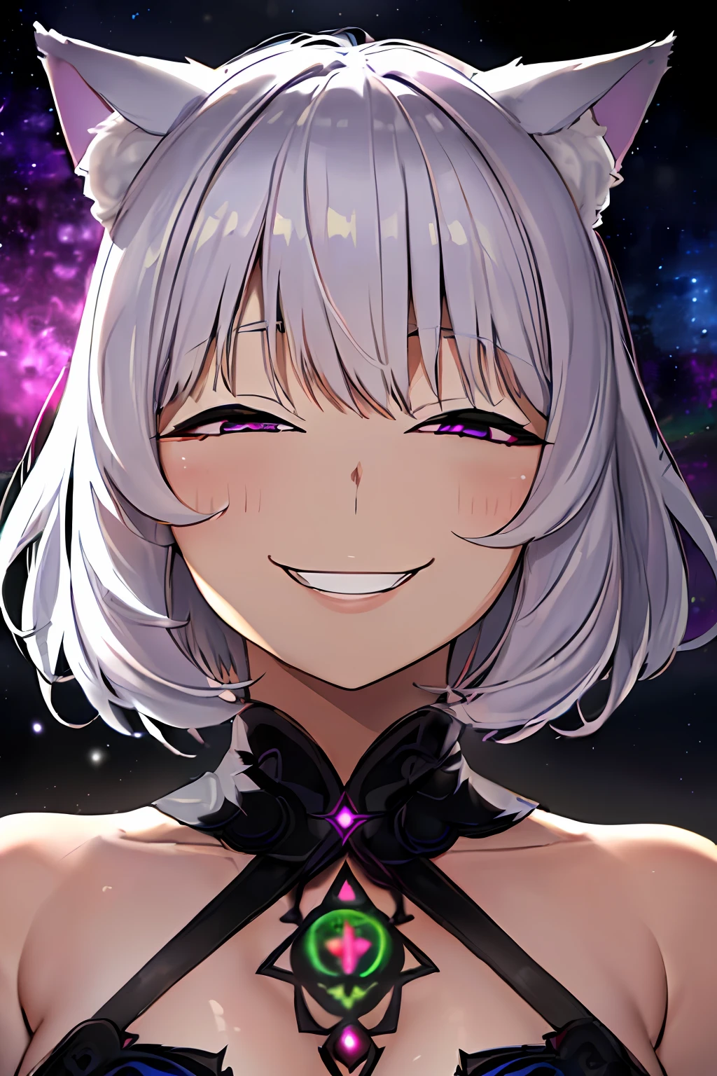((AnyaHehFace)), (huge grin, wicked smug, half closed eyes), 1woman, looking at viewer, ((Multiverse Goddess of Monsters)), female, (Evil Goddess), evil face, (cat ears), (purple eyes), (short hair, beautiful lush hair, silver hair, white hair), Goddess Long Dress, Thin, medium breasts, thin waist, Dark Fantasy, destruction, (((psychedelic art, ultra detailed, ultra realistic face , cinematic, best quality, harsh lighting))), Chaos 750, galaxy, stars, planets in the background, psychedelic colors, ((color explosion))
