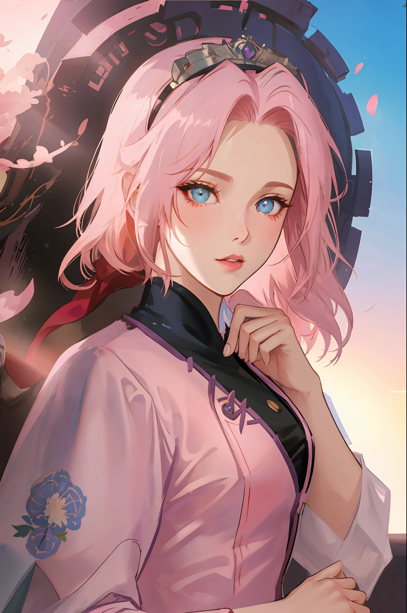 Queen of angels, beautiful woman, seductive, dark, standing, sensual eyes, lilac dress, forehead showing, symbol on forehead, queen, pink hair, delicate, young, short hair, full body, from League of Legends, trend in artstation, by rhads, andreas Rocha, rossdraws, makoto shinkai, laurie greasley, lois van baarle, ilya kuvshinov and greg rutkowski