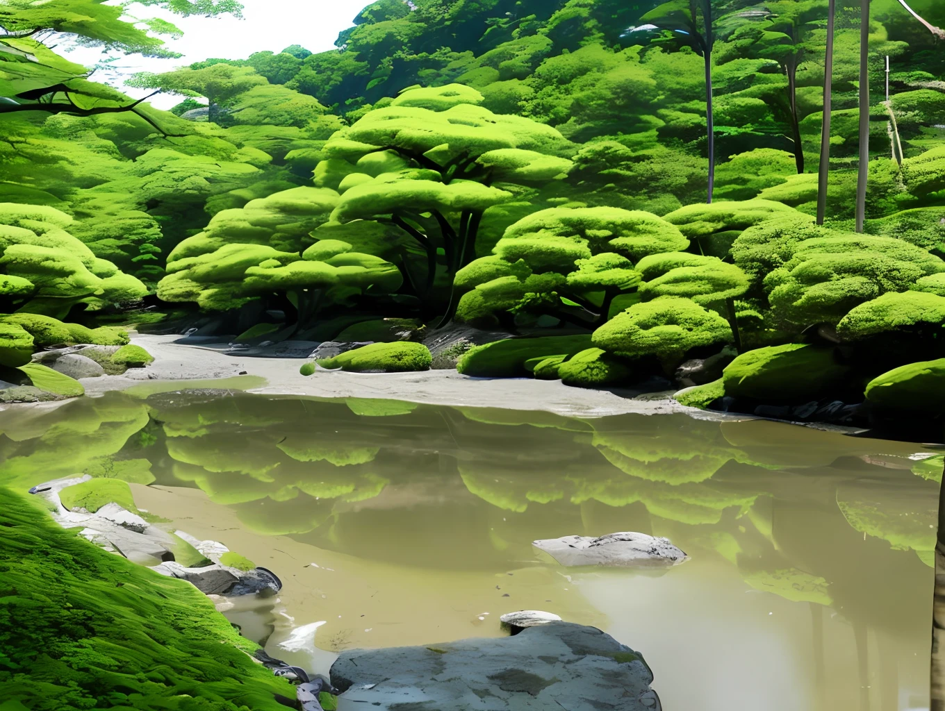 Japanese summer vibes, almost empty streams, trees, mounds, insects, beautiful sunshine,