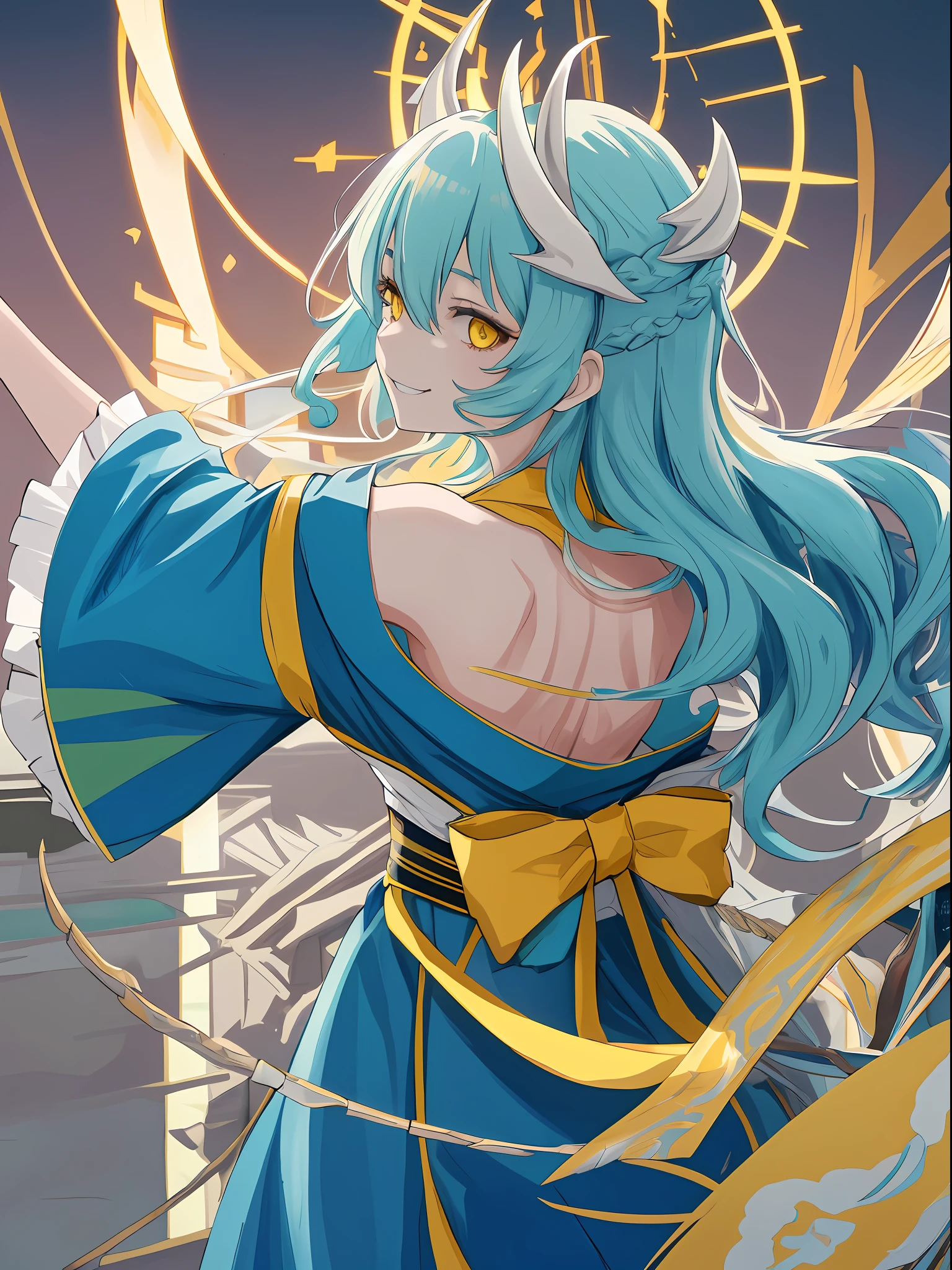 ultra detailed, beautiful face, perfect anatomy, 1girl, solo, kiyohime, small breasts, cyan long hair, yellow eyes, (((shaded face))), yandere, blue kimono, asymmetrical hair, ((wavy hair)), grin, evil smile, crazy, evil, perspective, (((from behind))), dutch angle, cinematic lighting, high detail, masterpiece, best quality, UHD, anatomically correct, super detail, high quality, high details, award winning, best quality, highres, 8k