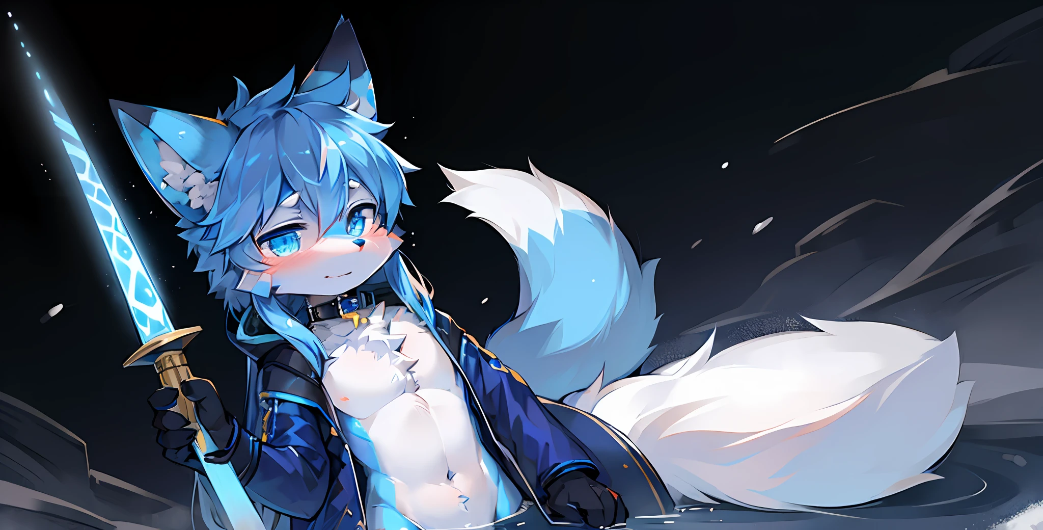 shota, long hair, space eye, glow eye, femboy, noen city, snowfall, midnight, fox ear, deep blue ear, fox tail, deep blue fox, deep blue jacket, cute, collar, Two tail, space katana, god , fur body, full body, the lower body is naked, snow fox, character, master piece, fluffy tail, current, shy, NFSW, Highest Quality, 8k, R-18, full HD, four ear fox, winter, oc, nude, soul fox blue,