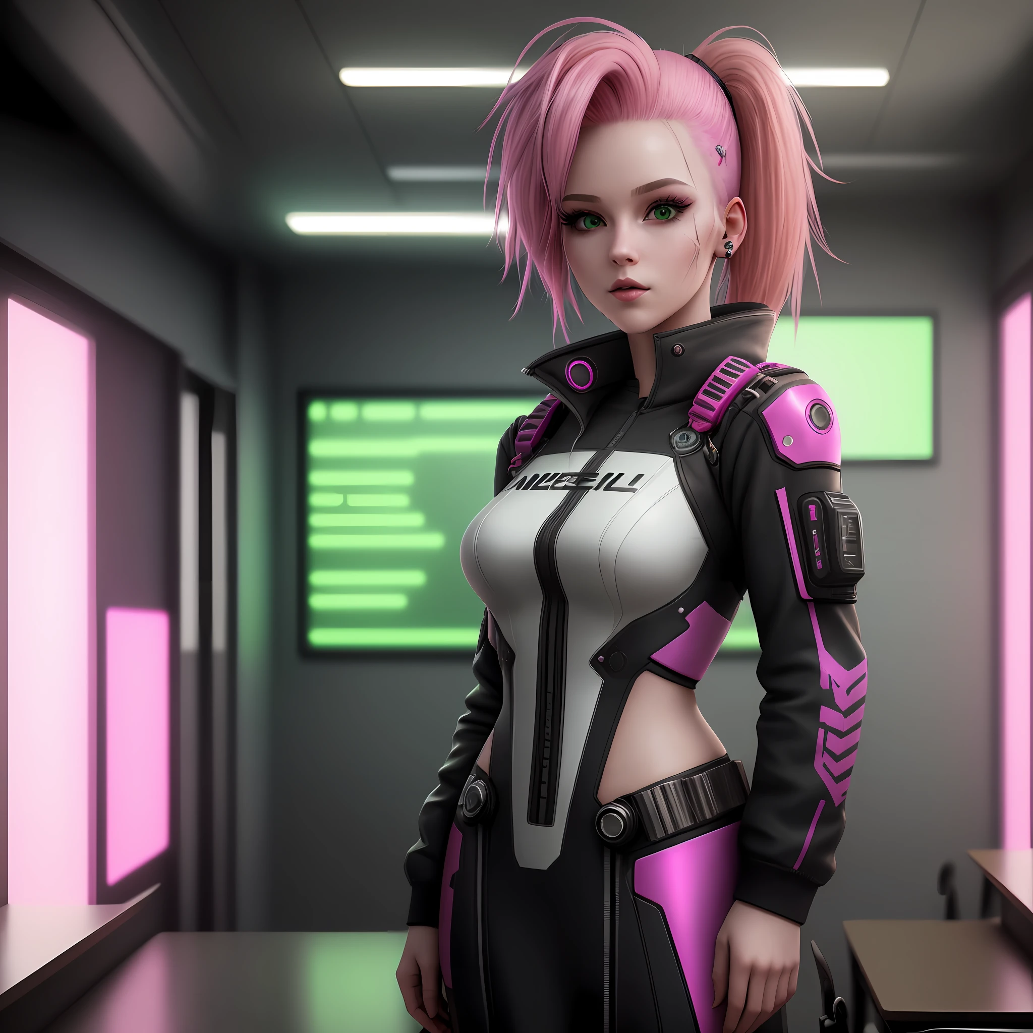 dskflll, 1WOMAN, solo, CYBERPUNK female with PINK hair, stunningly detailed beauty, standing inside a classroom WITH GREEN WALLS, rim lighting, cinematic, lighting, photo quality, octane rendering, extremely detailed, 8k, 128k, concept DSLR 108mp, dskfll
