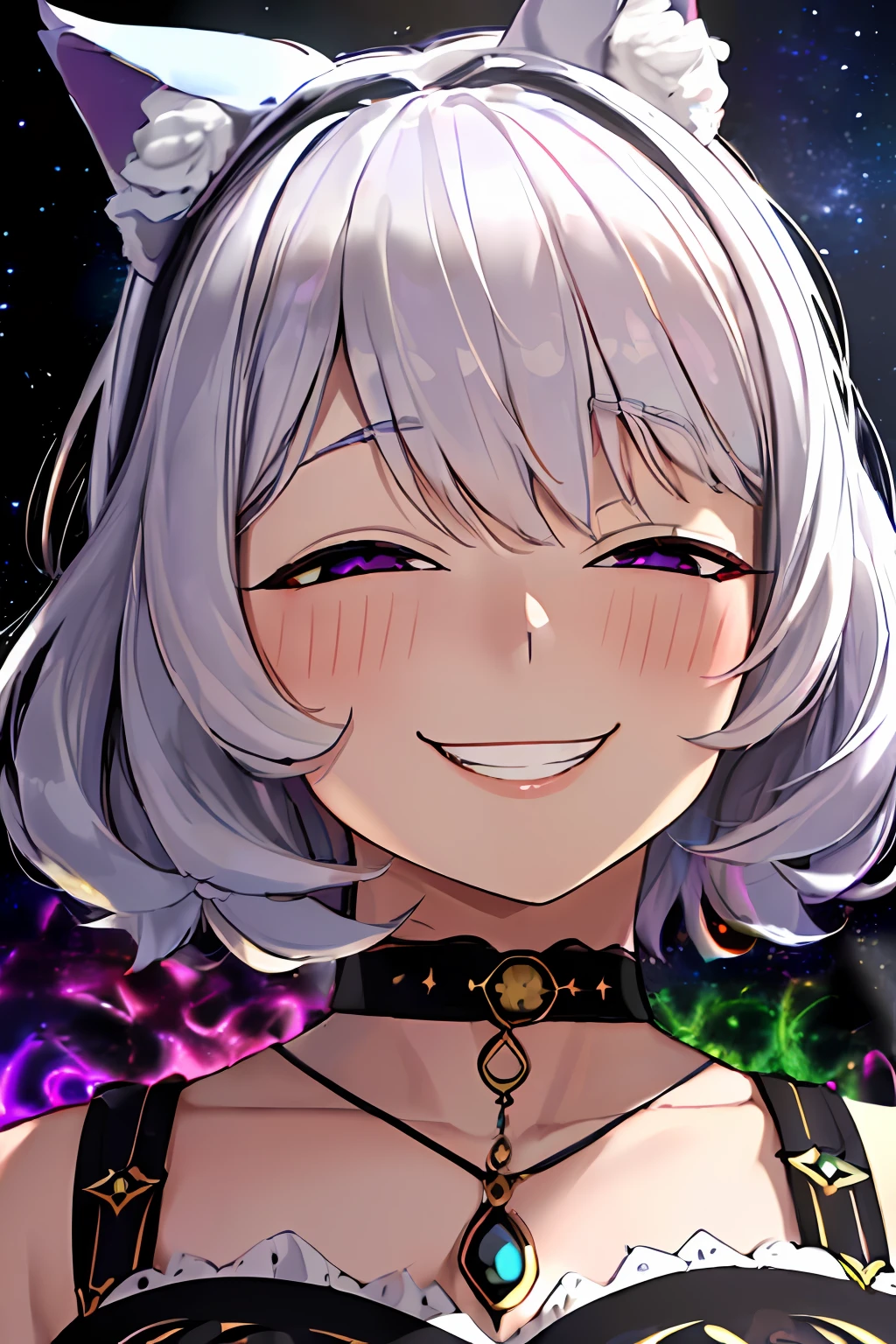((AnyaHehFace)), (huge grin, wicked smug, half closed eyes), 1woman, looking at viewer, ((Multiverse Goddess of Monsters)), female, (Evil Goddess), evil face, (cat ears), (purple eyes), (short hair, beautiful lush hair, silver hair, white hair), Goddess Long Dress, Thin, medium breasts, thin waist, Dark Fantasy, destruction, (((psychedelic art, ultra detailed, ultra realistic face , cinematic, best quality, harsh lighting))), Chaos 750, galaxy, stars, planets in the background, psychedelic colors, ((color explosion))