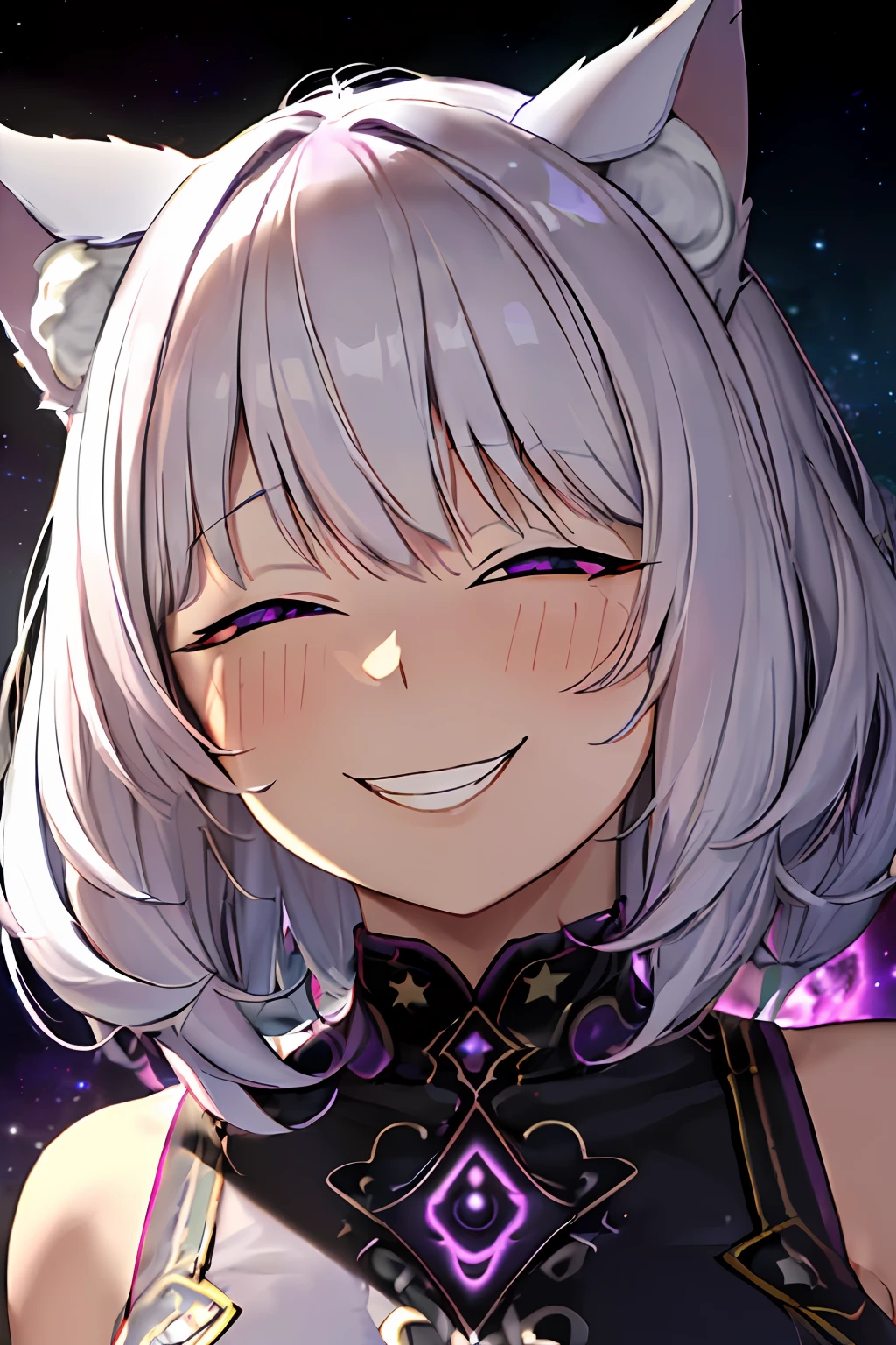 ((AnyaHehFace)), (huge grin, wicked smug, half closed eyes), 1woman, looking at viewer, ((Multiverse Goddess of Monsters)), female, (Evil Goddess), evil face, (cat ears), (purple eyes), (short hair, beautiful lush hair, silver hair, white hair), Goddess Long Dress, Thin, medium breasts, thin waist, Dark Fantasy, destruction, (((psychedelic art, ultra detailed, ultra realistic face , cinematic, best quality, harsh lighting))), Chaos 750, galaxy, stars, planets in the background, psychedelic colors, ((color explosion))