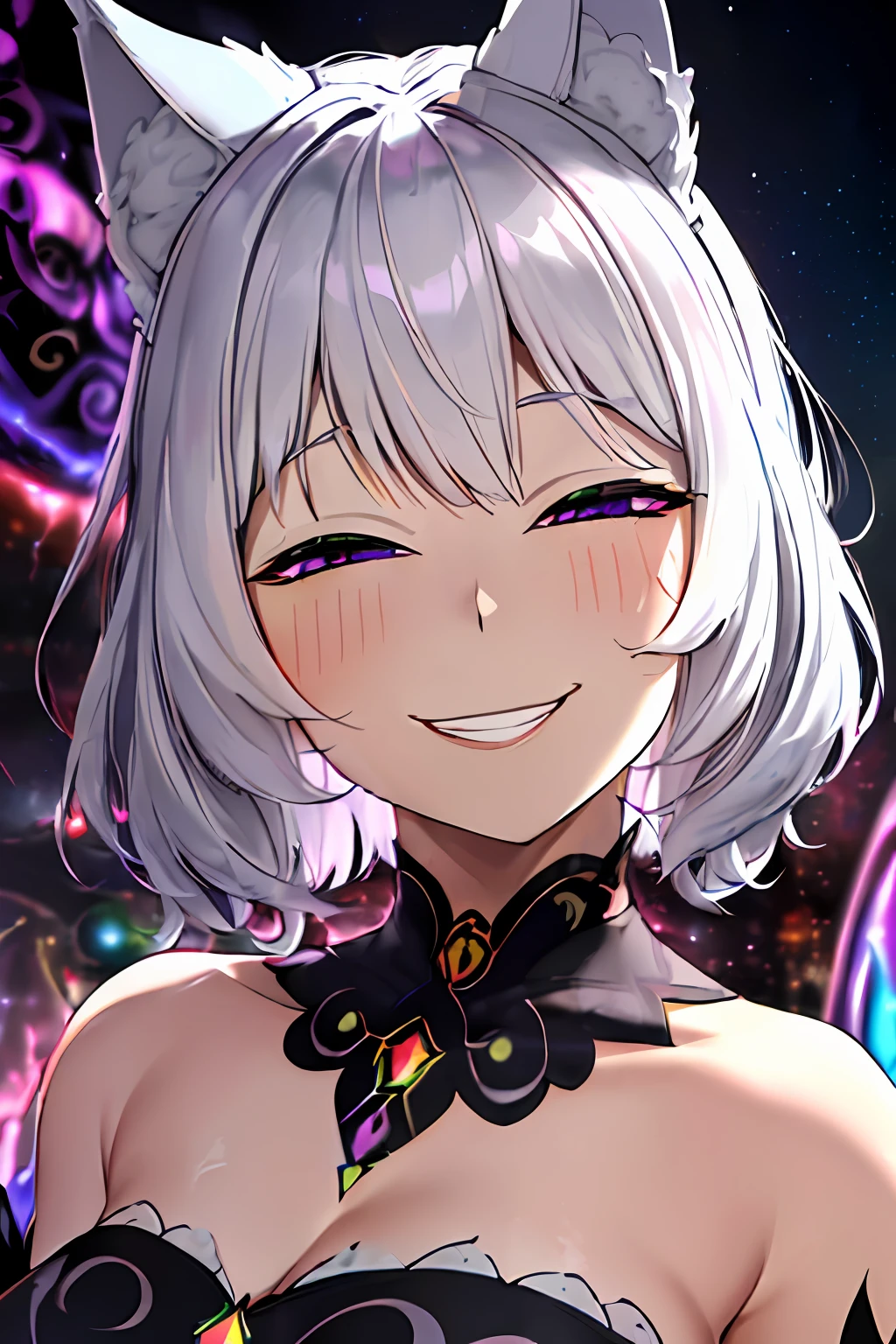 ((AnyaHehFace)), (huge grin, wicked smug, half closed eyes), 1woman, looking at viewer, ((Multiverse Goddess of Monsters)), female, (Evil Goddess), evil face, (cat ears), (purple eyes), (short hair, beautiful lush hair, silver hair, white hair), Goddess Long Dress, Thin, medium breasts, thin waist, Dark Fantasy, destruction, (((psychedelic art, ultra detailed, ultra realistic face , cinematic, best quality, harsh lighting))), Chaos 750, galaxy, stars, planets in the background, psychedelic colors, ((color explosion))