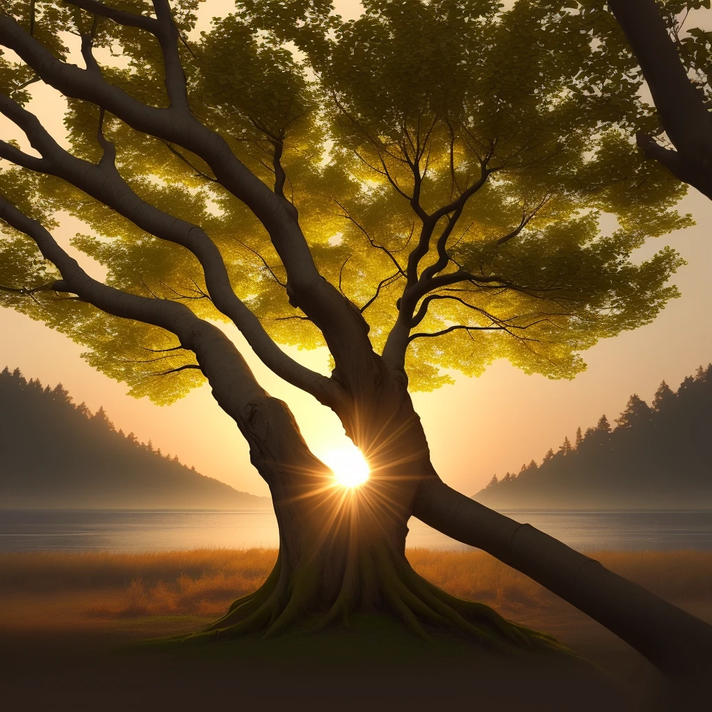 leafy tree with several branches, with the sun in the background reflecting through the branches of this tree