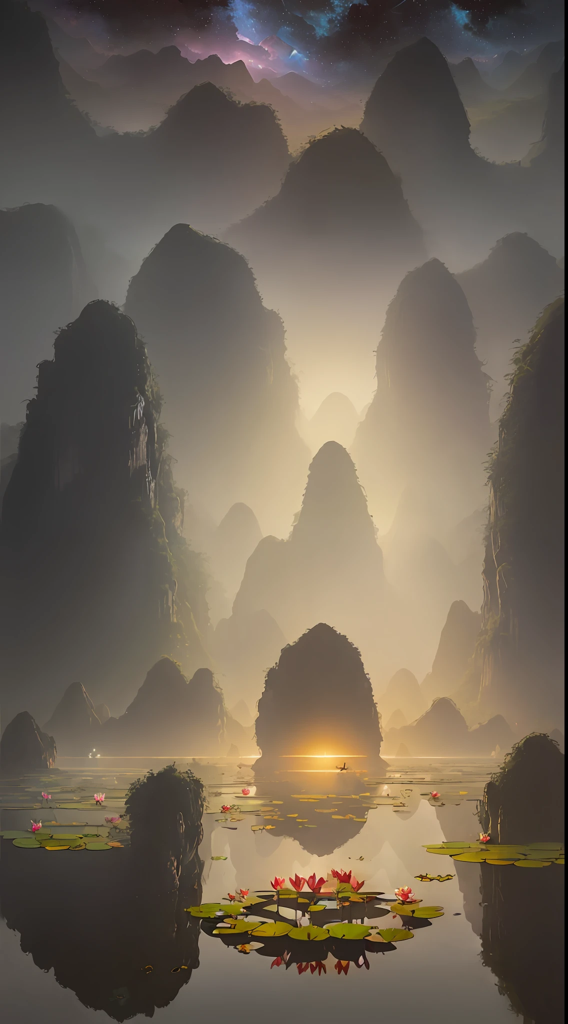 Lotus Pond, Ninh Binh landscape, Vietnam, Tam Coc, Bich Dong, karst topography, centered, symmetry, painted, intricate, volumetric lighting, beautiful, rich deep colors masterpiece, sharp focus, ultra detailed, in the style of dan mumford and marc simonetti, astrophotography, bright moonlight.