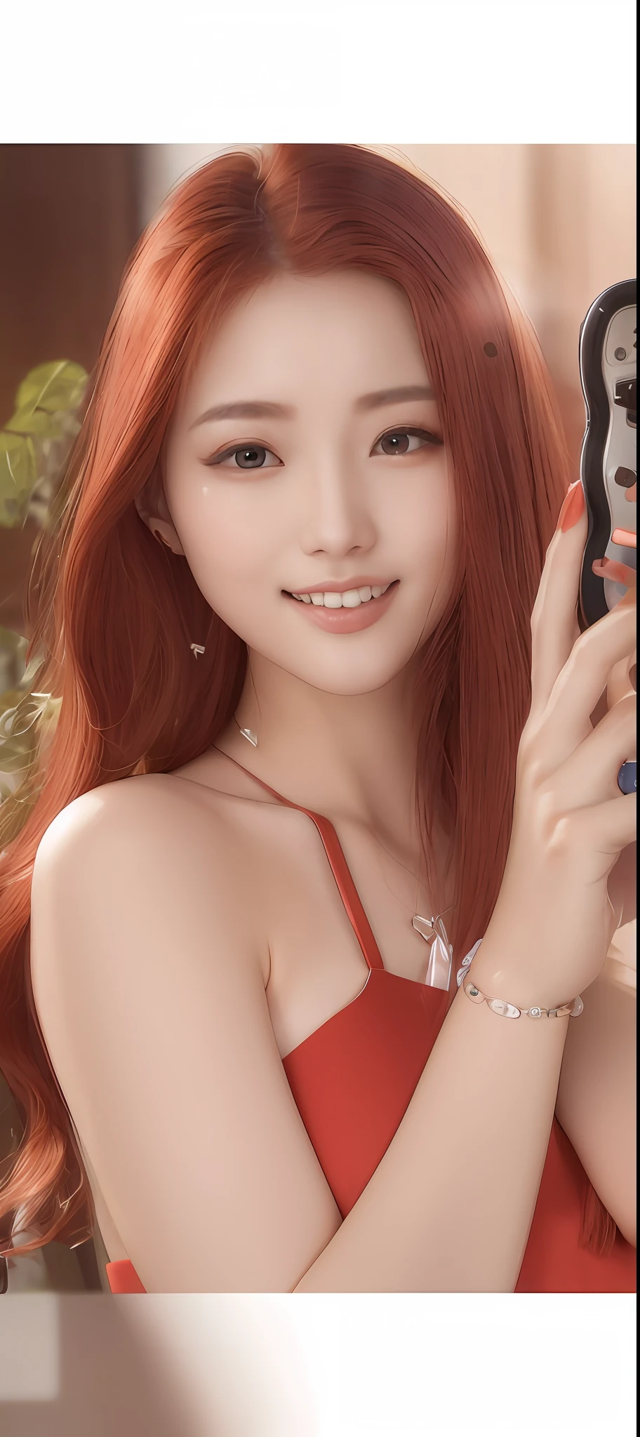 araffe red-haired woman holding a mobile phone, gorgeous korean woman, beautiful south korean woman,