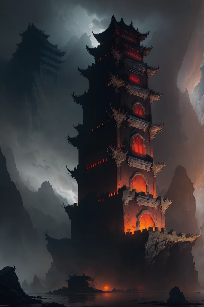 dreamlikeart absurdres highres masterpiece best quality, ancient chinese castle scenery, (mysterious black fog), (dilapidated), absurdity, realistic lighting, (abyss) masterpiece, high quality, beautiful graphics, high detail, miaobishenghua , clouds, wind, stone fragment, night, moonlight, beautiful detailed ruins, [(black background:1.5)::5], painted as a game concept art,  matte painting concept art, doom eternal concept art, environment painting,  concept art ， highly rendered, scenery game concept art