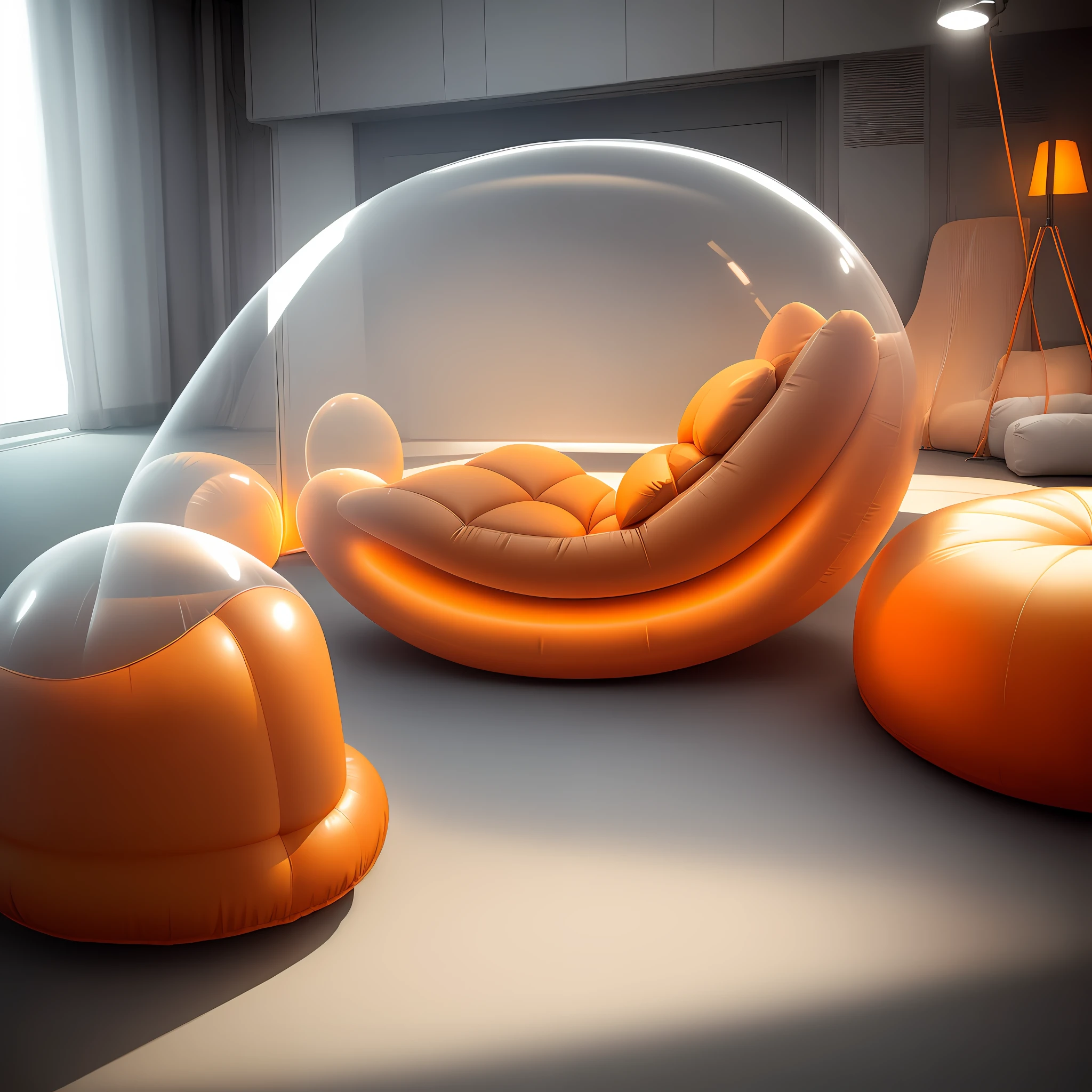 Furniture Design, Inflatable Armchair, Interior Fluorescent Orange, Transparent Inflatable, Conceptual Product Design, Futuristic, General Studio Background, Studio Lighting, Focus 50, Super Detail, Realistic, Photography, Ultra HD