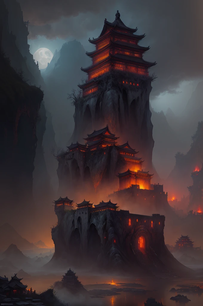 dreamlikeart absurdres highres masterpiece best quality, ancient chinese castle scenery, ancient chinese town below the castle, highly detailed town , (mysterious black fog), (dilapidated), absurdity, realistic lighting, (abyss) masterpiece, high quality, beautiful graphics, high detail, miaobishenghua , clouds, wind, stone fragment, night, moonlight, beautiful detailed ruins, [(black background:1.5)::5], painted as a game concept art,  matte painting concept art, doom eternal concept art, environment painting,  concept art ， highly rendered, scenery game concept art