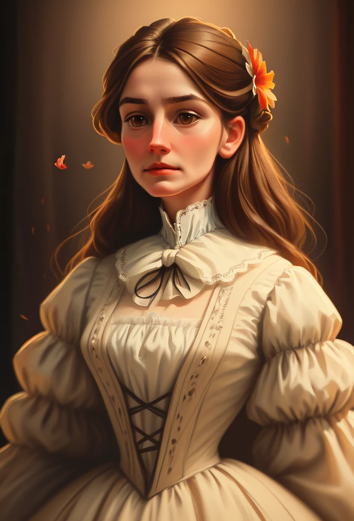 a victorian woman, brown hair, hair flower, closed mouth, Color Field painting, backlighting, anatomically correct, anatomically correct, high quality, 8k
