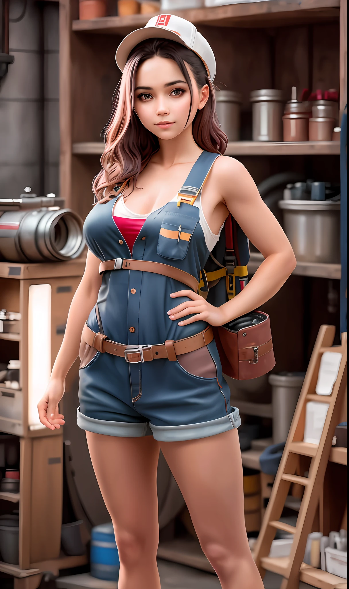 RAW photo, 1girl, full body (portrait:1.2) of a beautiful woman as a mechanic in the workshop, (highly detailed skin:1.2), 8k uhd, dslr, soft lighting, high quality, film grain, Fujifilm XT3